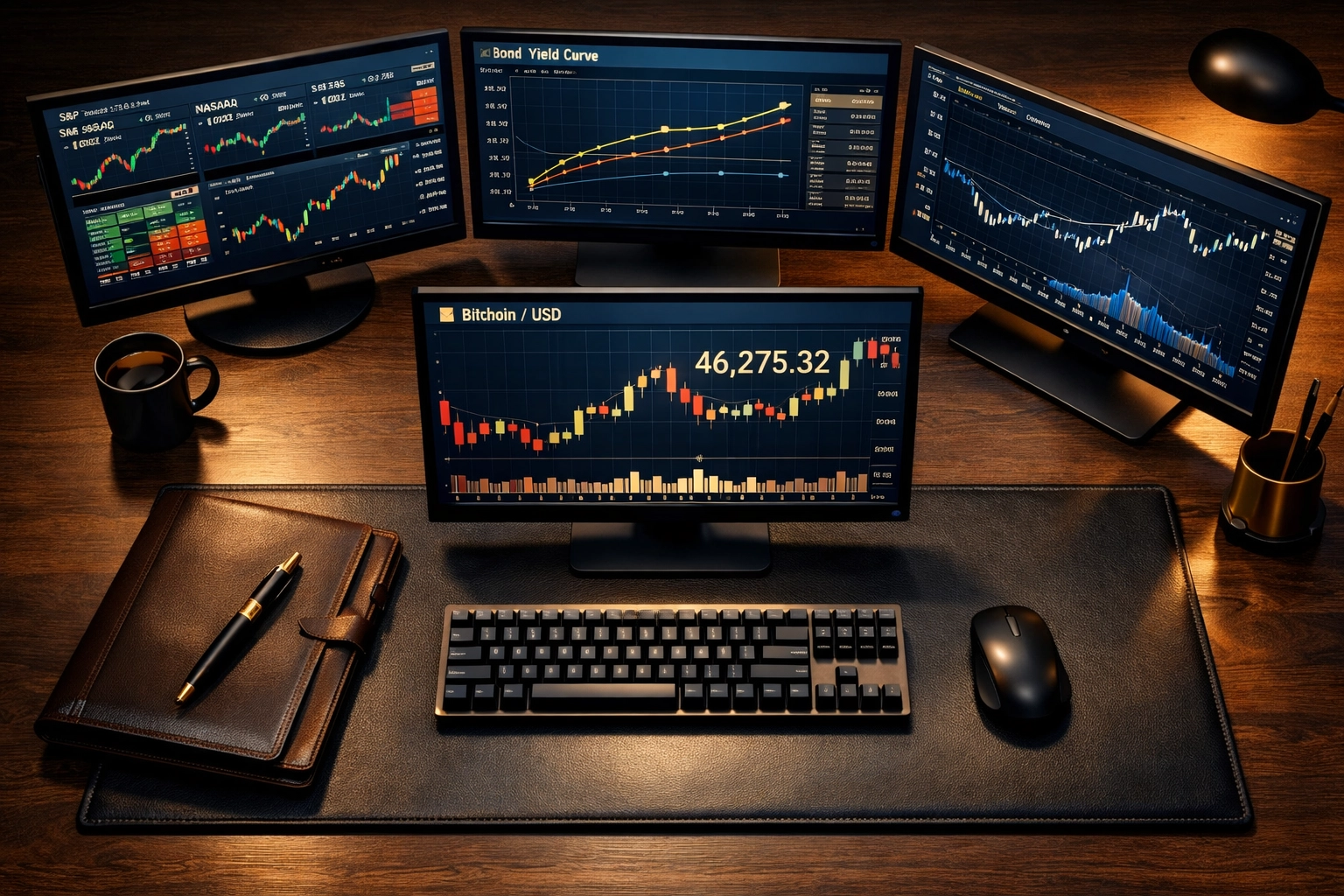 Institutional trading desk with Bitcoin charts and traditional asset market data displays