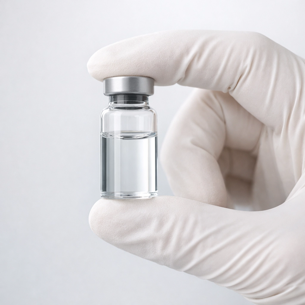 A clear, fully dissolved peptide solution in a glass vial after reconstitution.