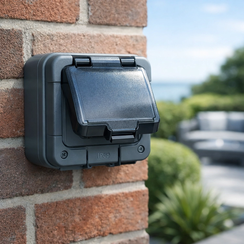 Weatherproof IP-rated outdoor electrical socket installed on a brick wall by electricians in Dorset.