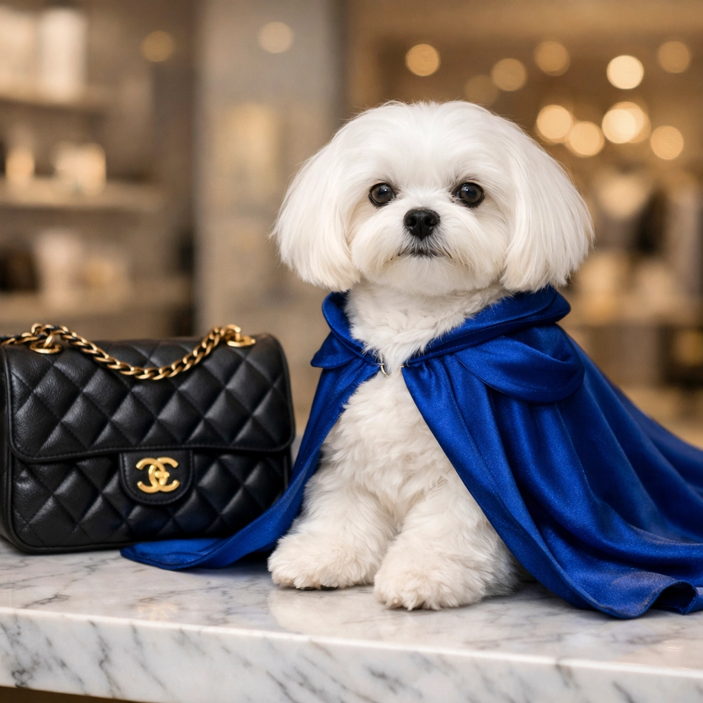 White Maltese expert mascot sitting next to a luxury designer handbag for professional authentication.