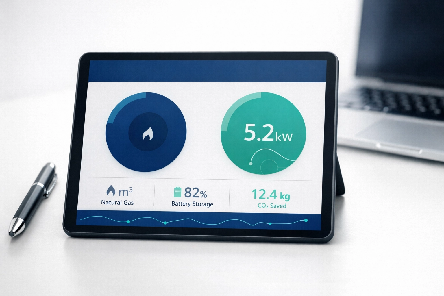 Business energy management tablet on a desk for strategic utility procurement and planning.