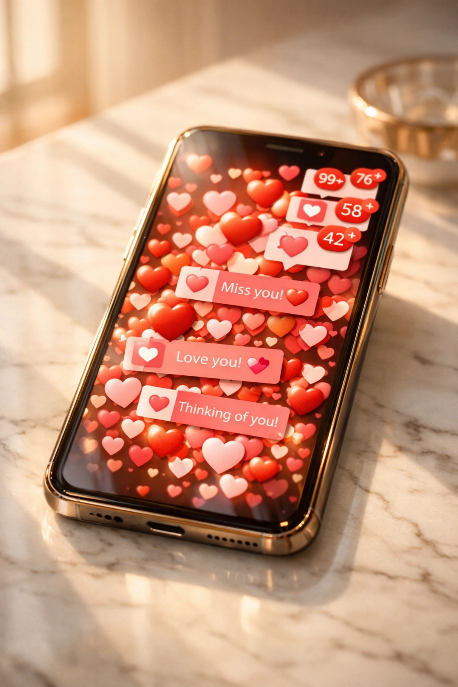Phone screen flooded with love messages showing romance scam love bombing manipulation tactics
