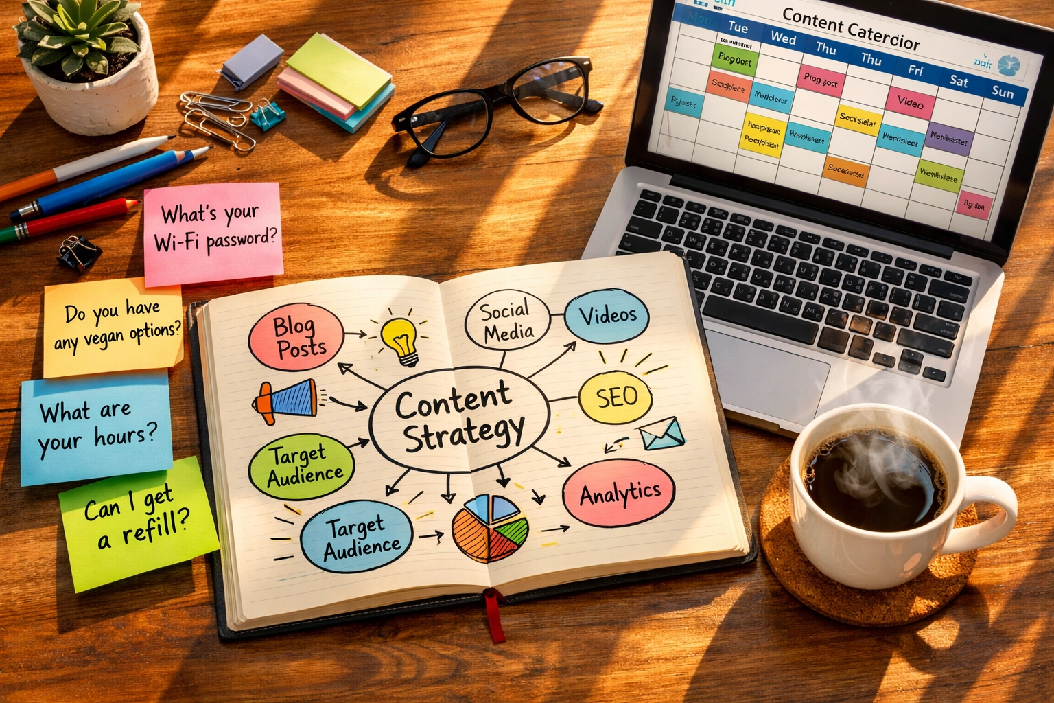 Content strategy planning workspace with topic mind maps and customer question research