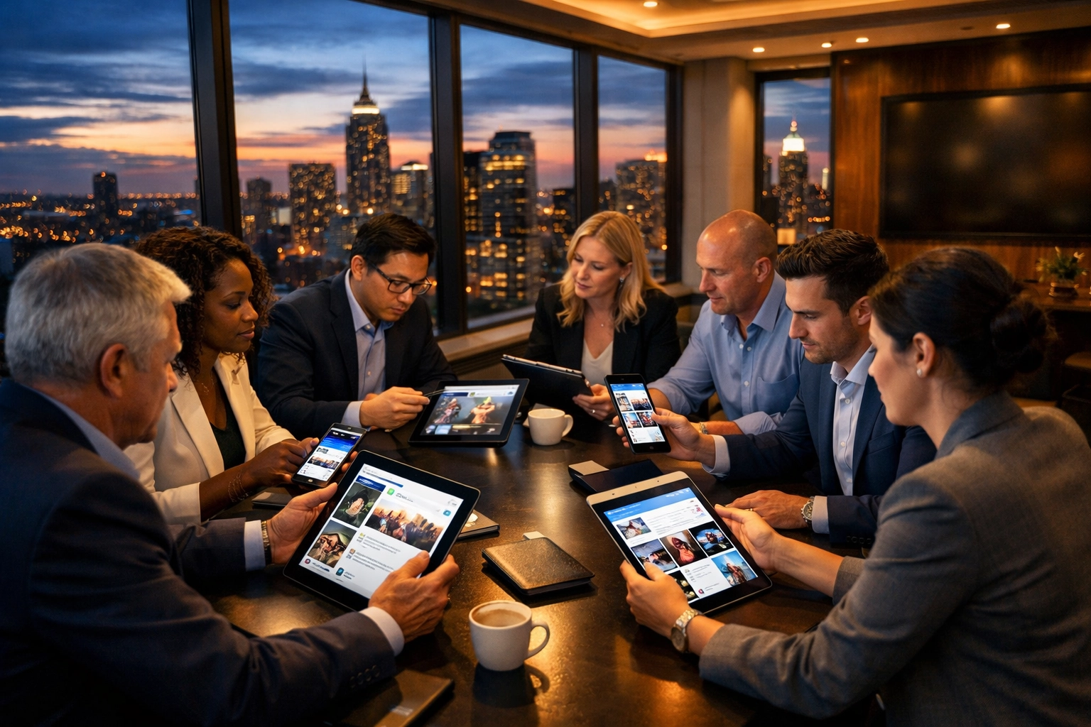 Corporate executives planning Super Bowl branding strategy with digital content in conference room