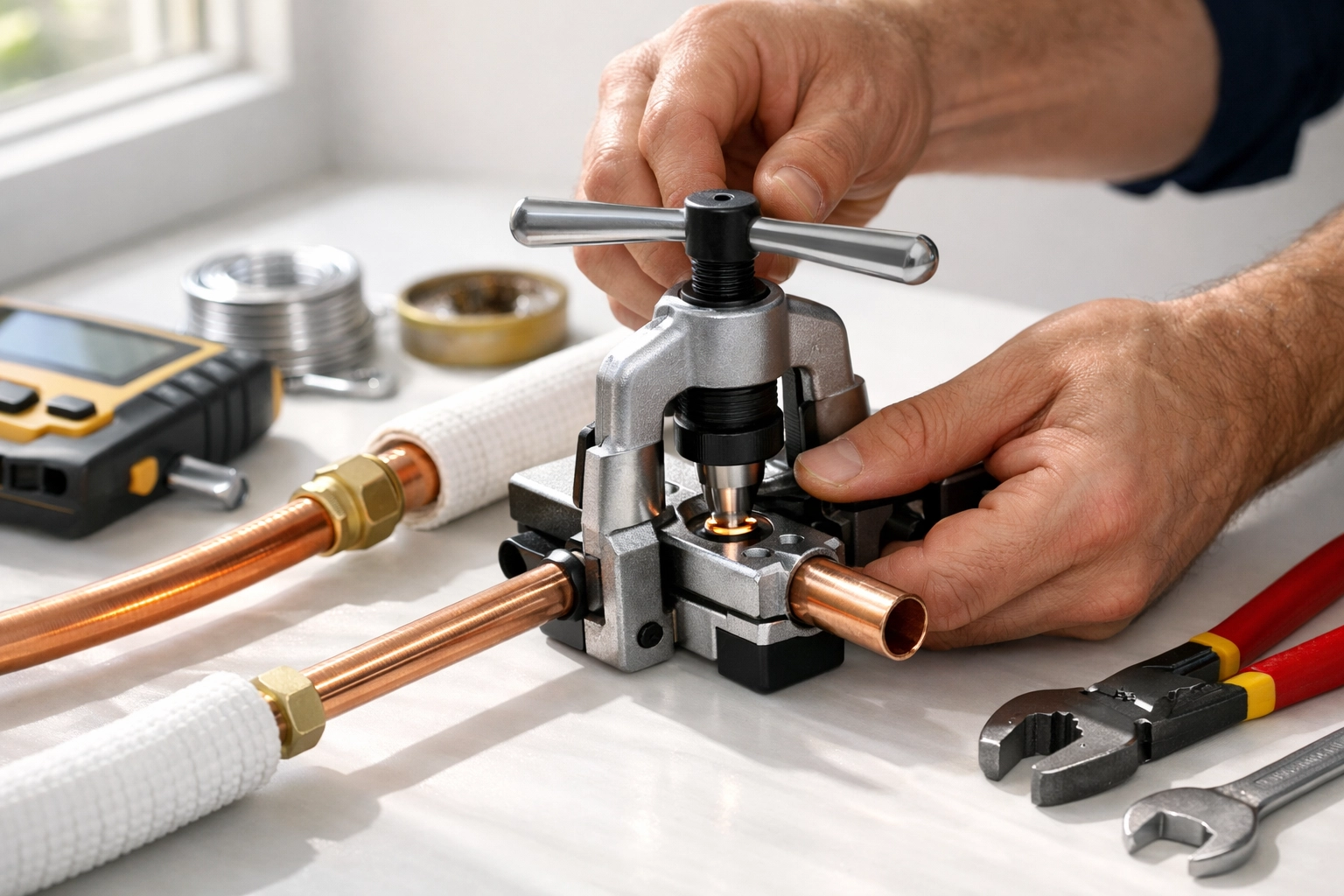 Electrician using flaring tool on copper refrigerant lines for mini-split installation