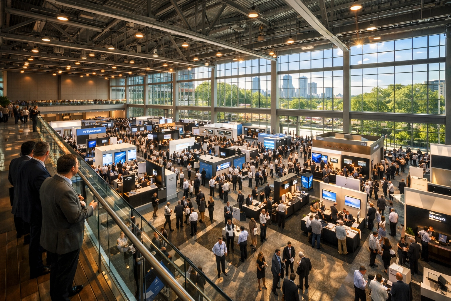 Conference photography showing busy trade show booths and networking at the Austin Convention Center.