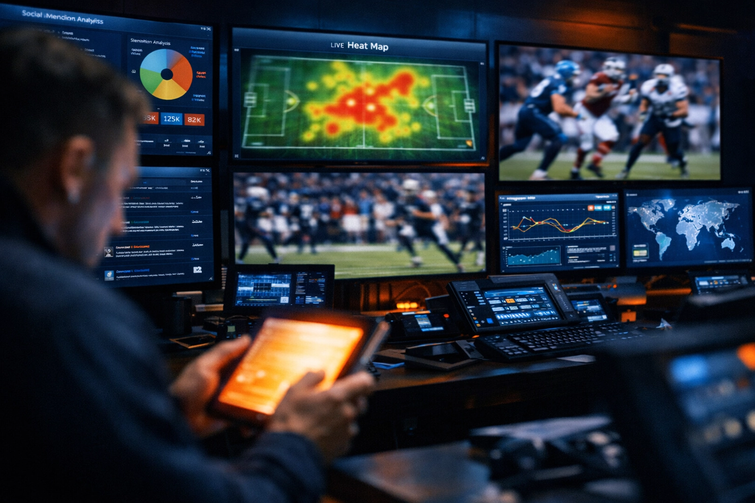 Digital command center monitoring real-time NIL marketing analytics during a high-stakes sports event.