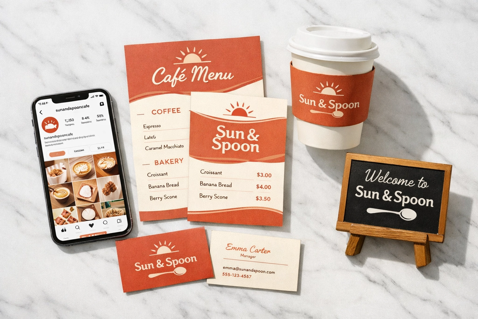 Coffee shop brand consistency shown across menu cards, cup sleeves, and social media marketing materials