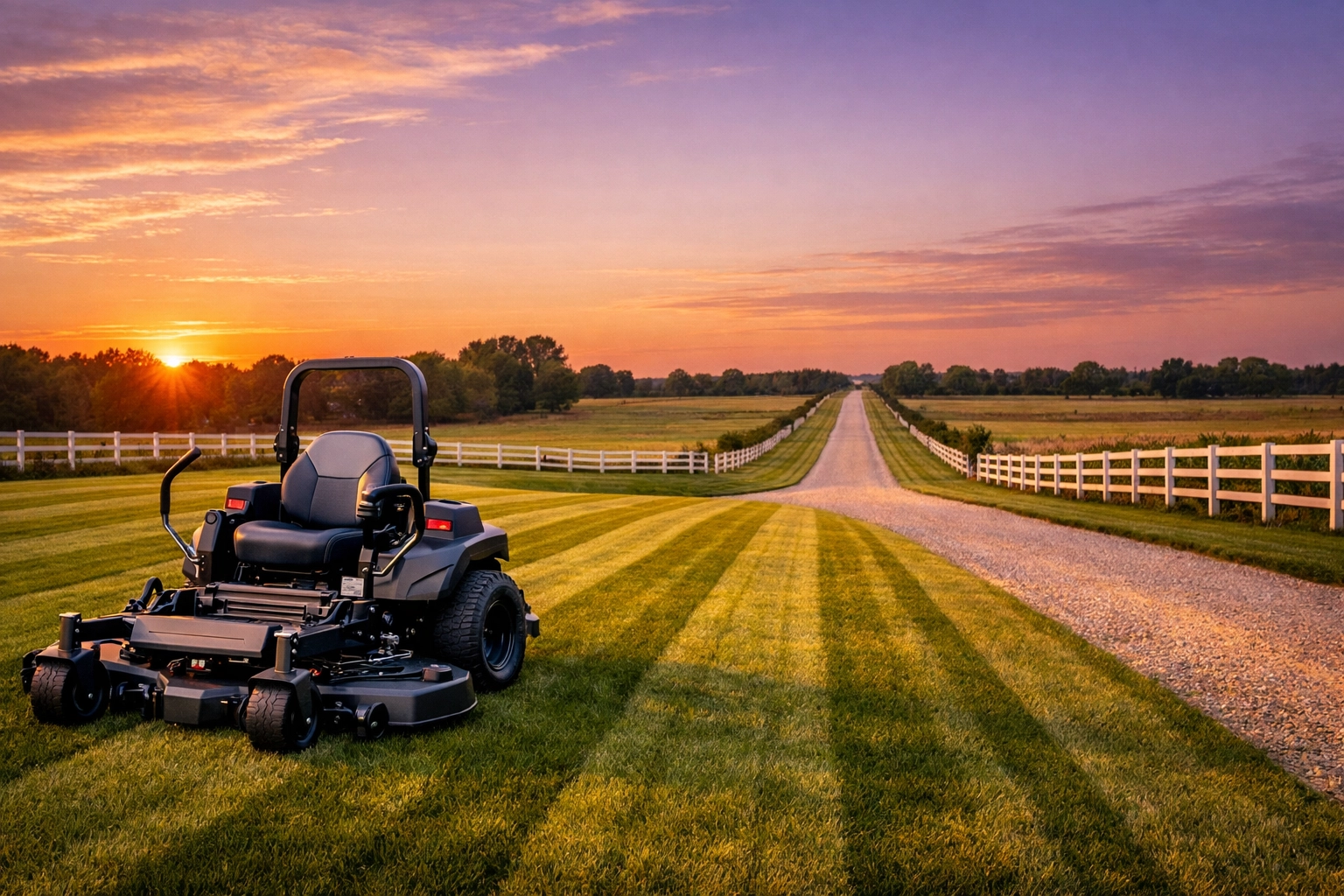 A well-maintained property featuring professional lawn stripes, a gravel driveway, and cleared fencerows.