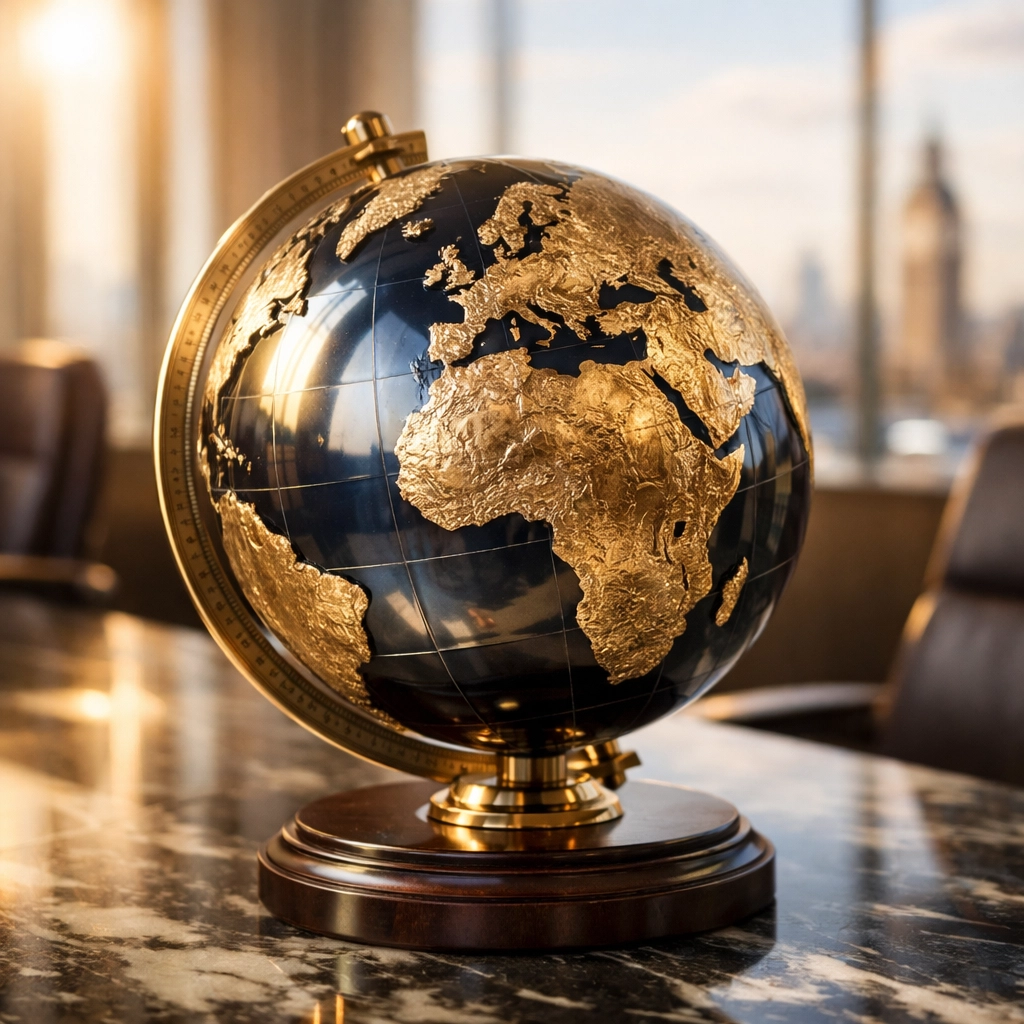A decorative globe on a boardroom table symbolizing global reach in international asset tracing investigations.