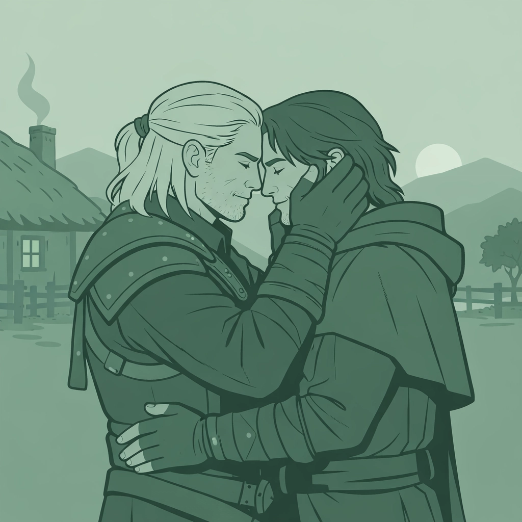 Two men in witcher clothing embrace at dawn in heartfelt gay romance scene