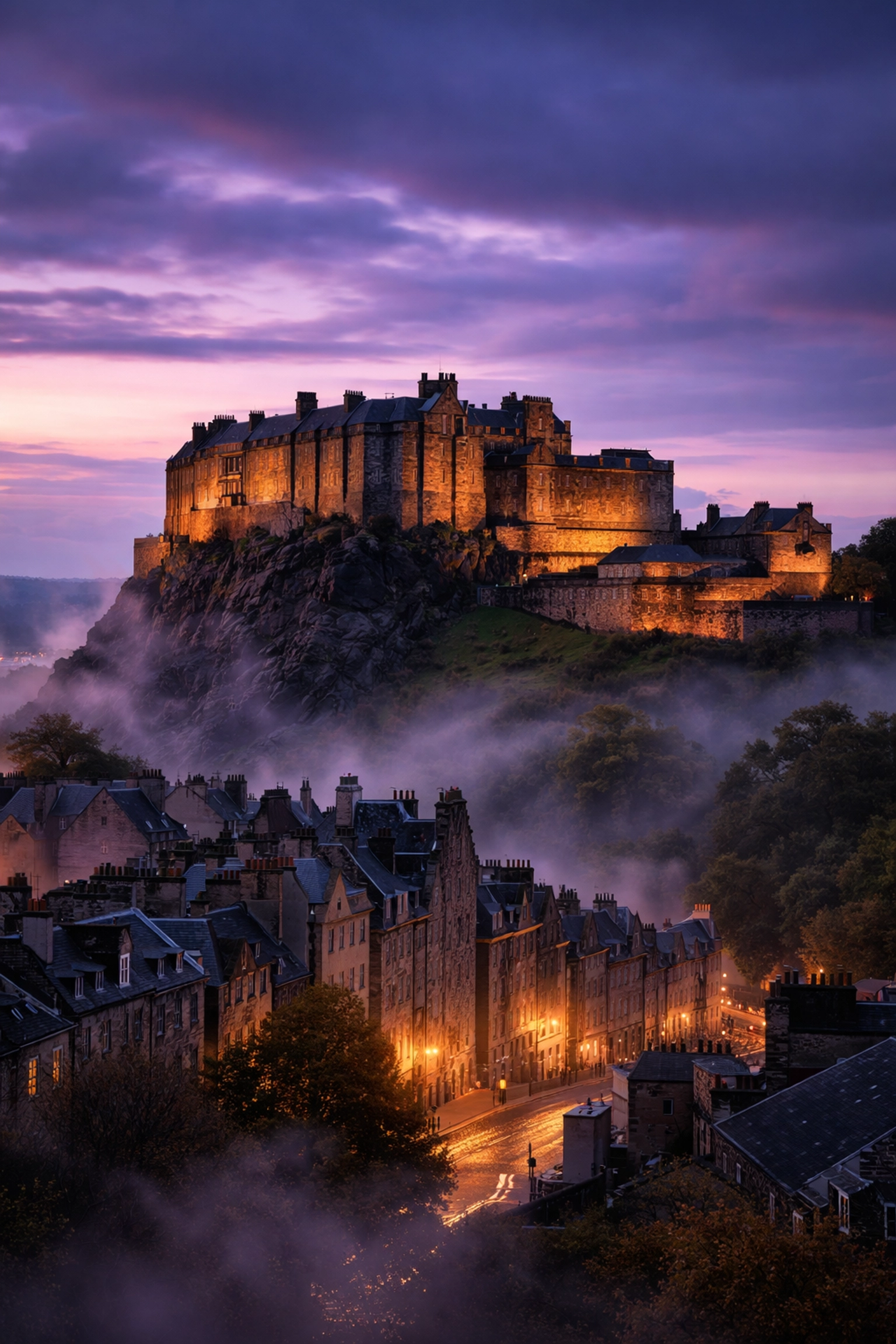Edinburgh Castle illuminated at dusk above the Royal Mile, showcasing Scotland’s rich history and dramatic scenery.