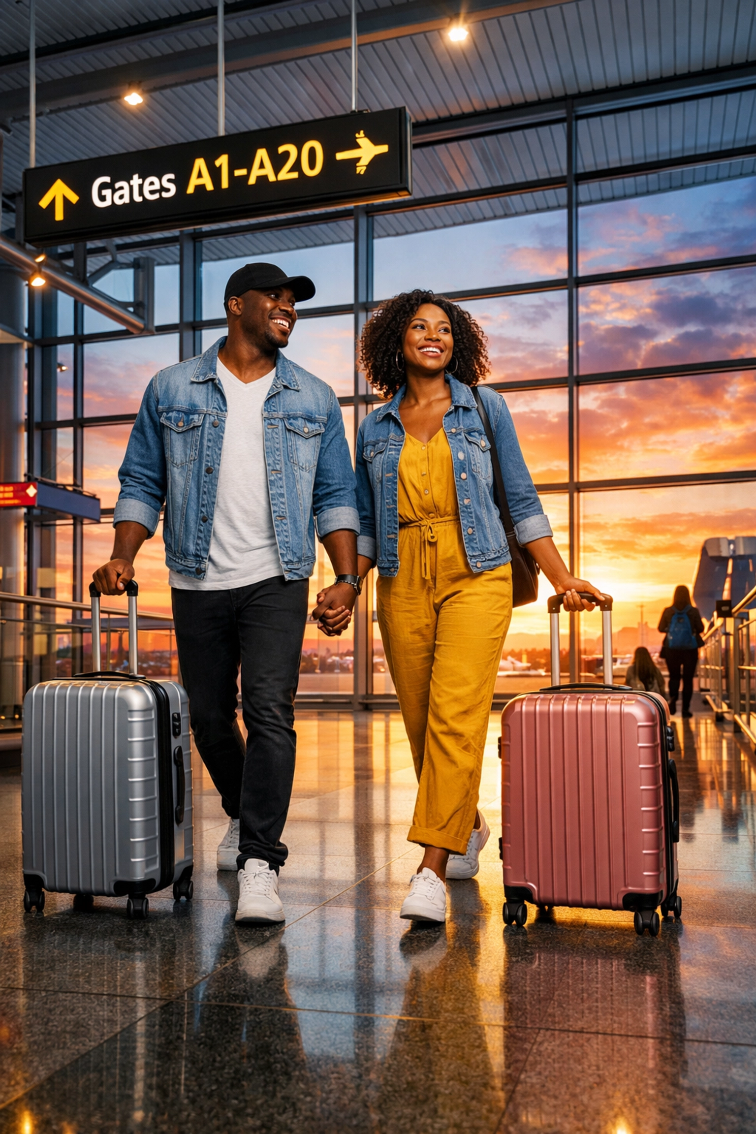 Couple at the airport starting a dream vacation planned by an Omaha travel agent.