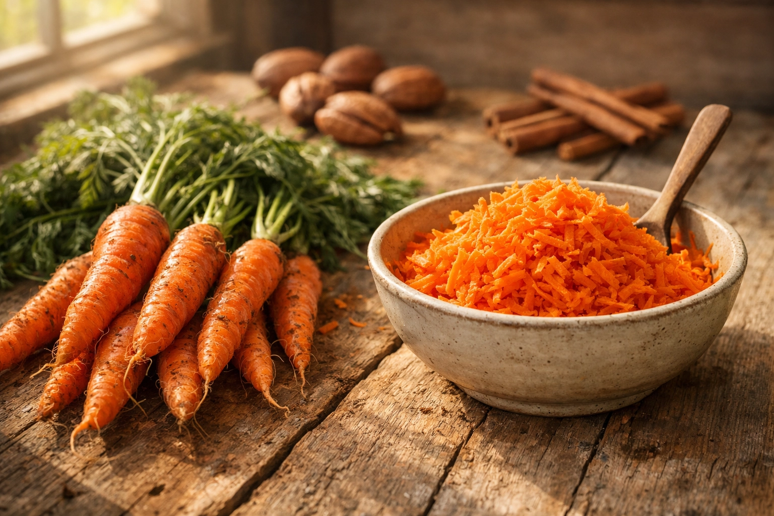 Fresh winter carrots with green tops, grated carrots, pecans and cinnamon for baking