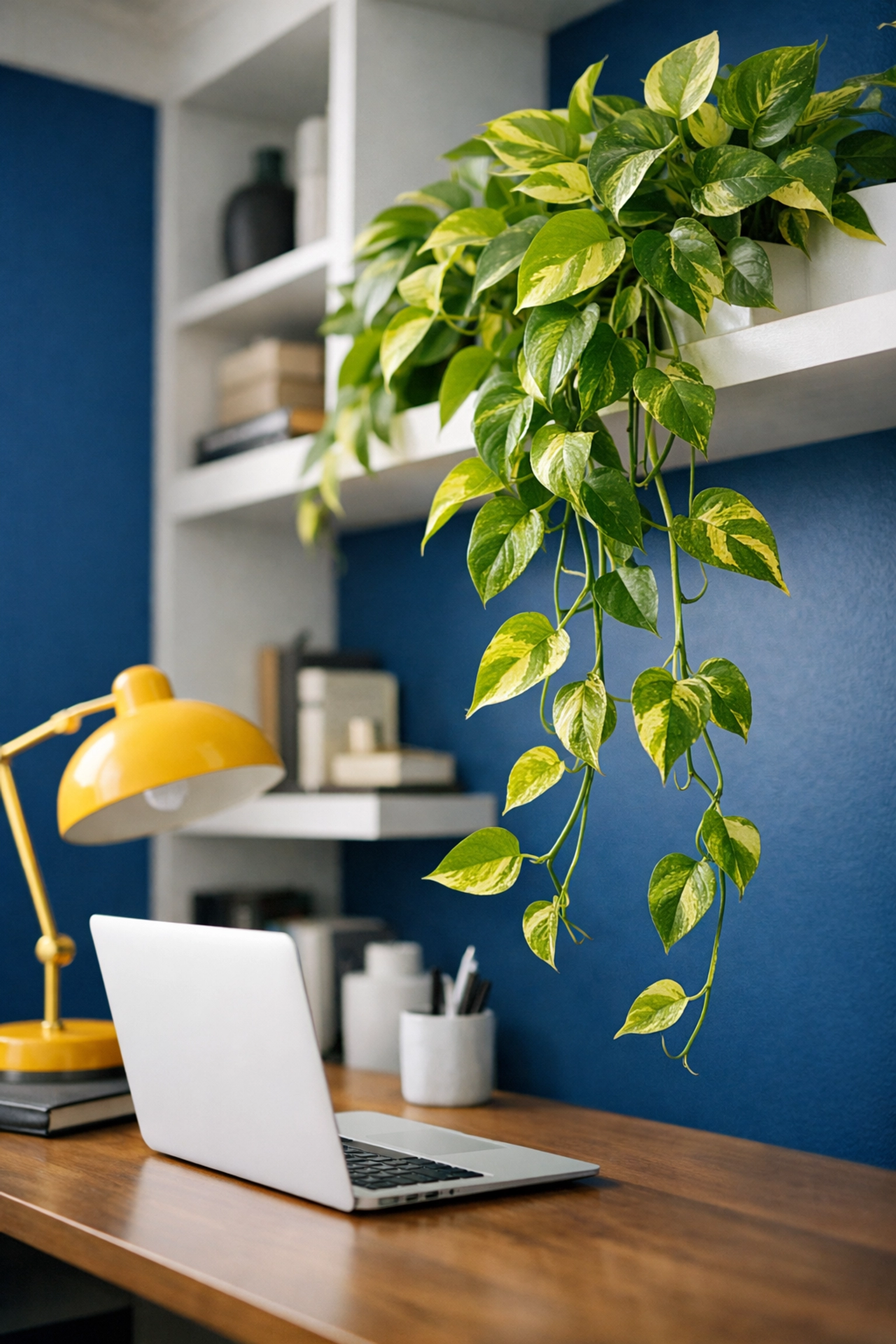 Golden Pothos plant with trailing vines on a bookshelf in a modern and clean home office.