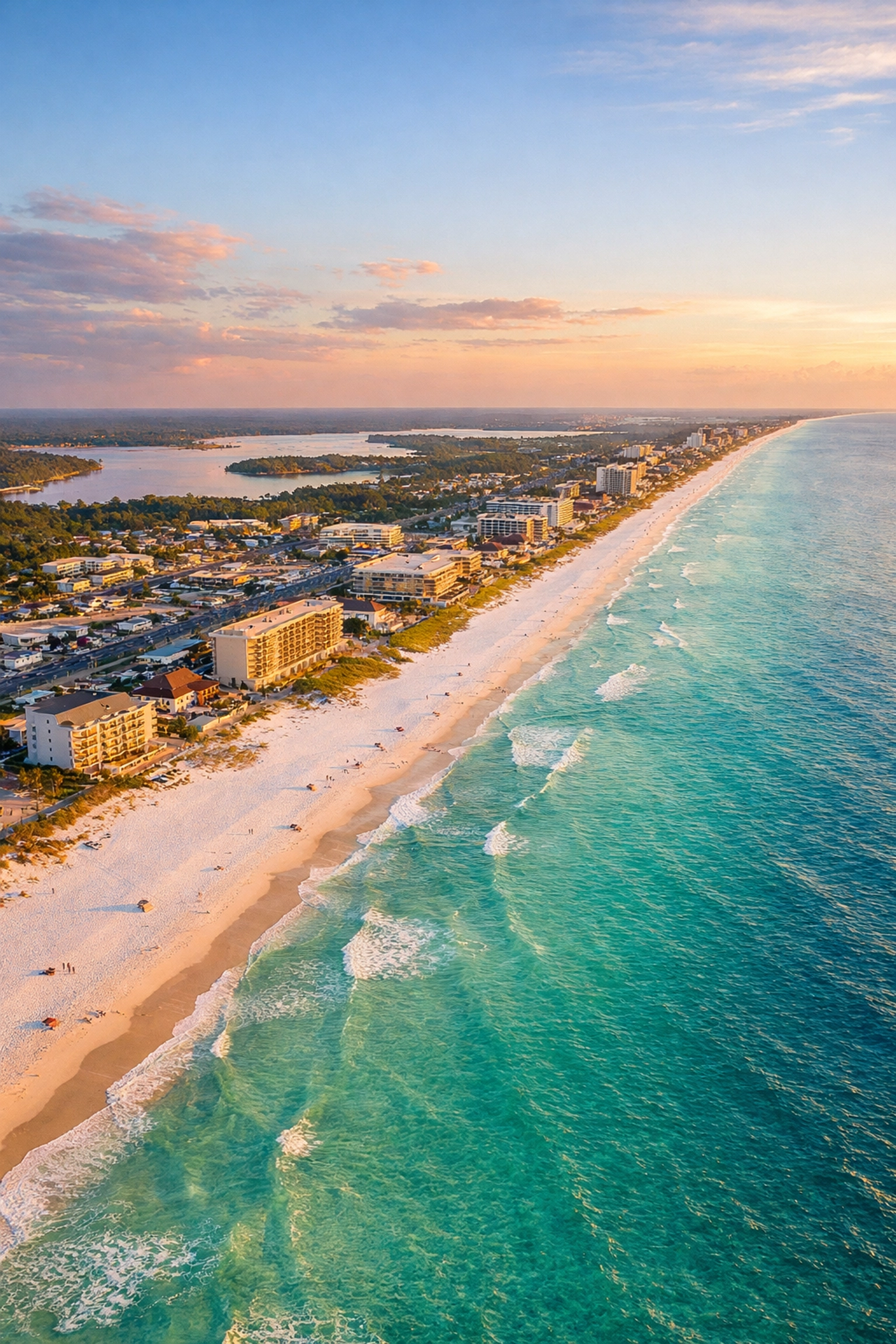 Aerial view of Emerald Coast Florida showing turquoise waters and Bay County commercial development
