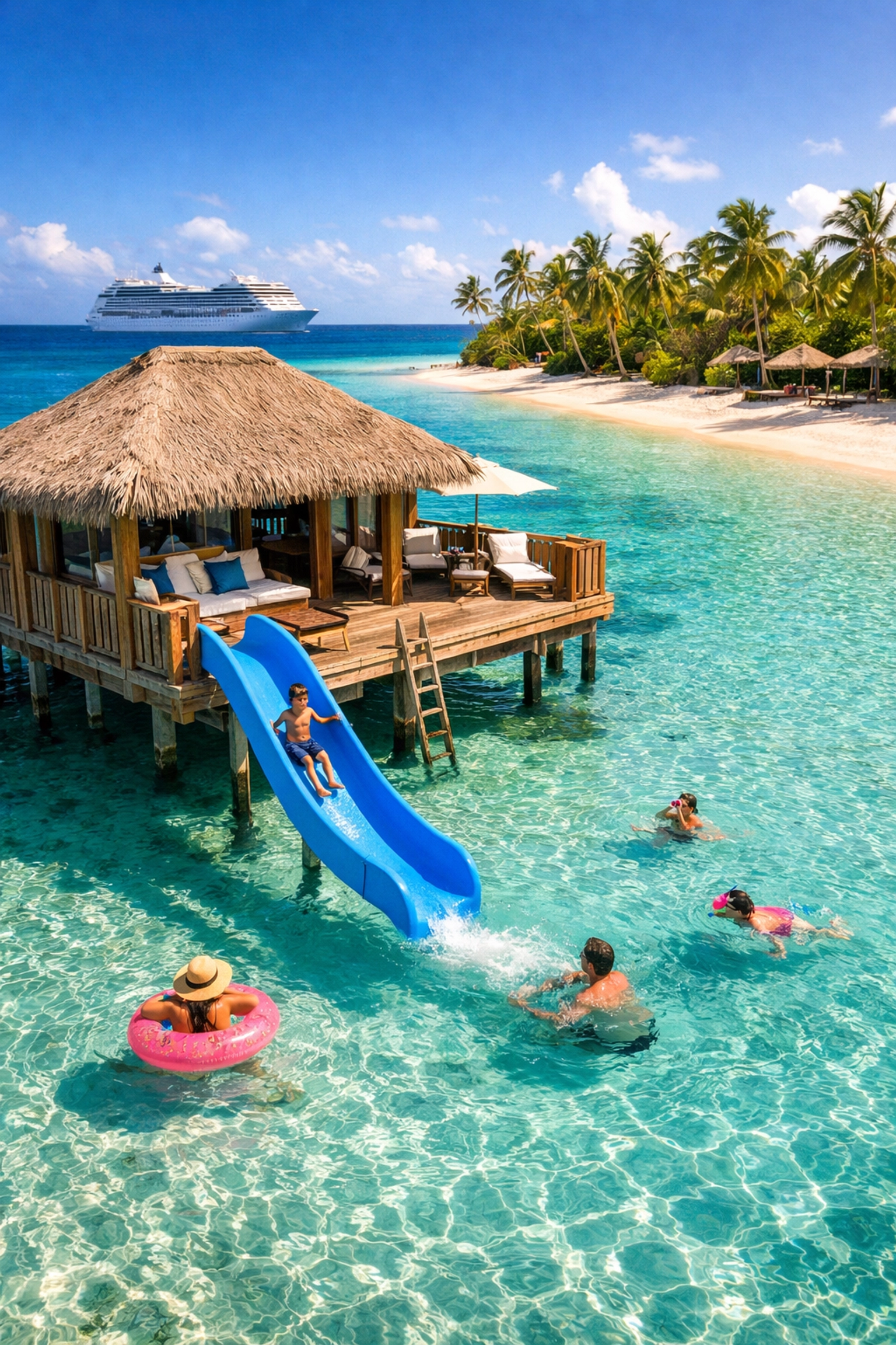 Luxury overwater cabana with a slide at a private island destination for a family reunion cruise.