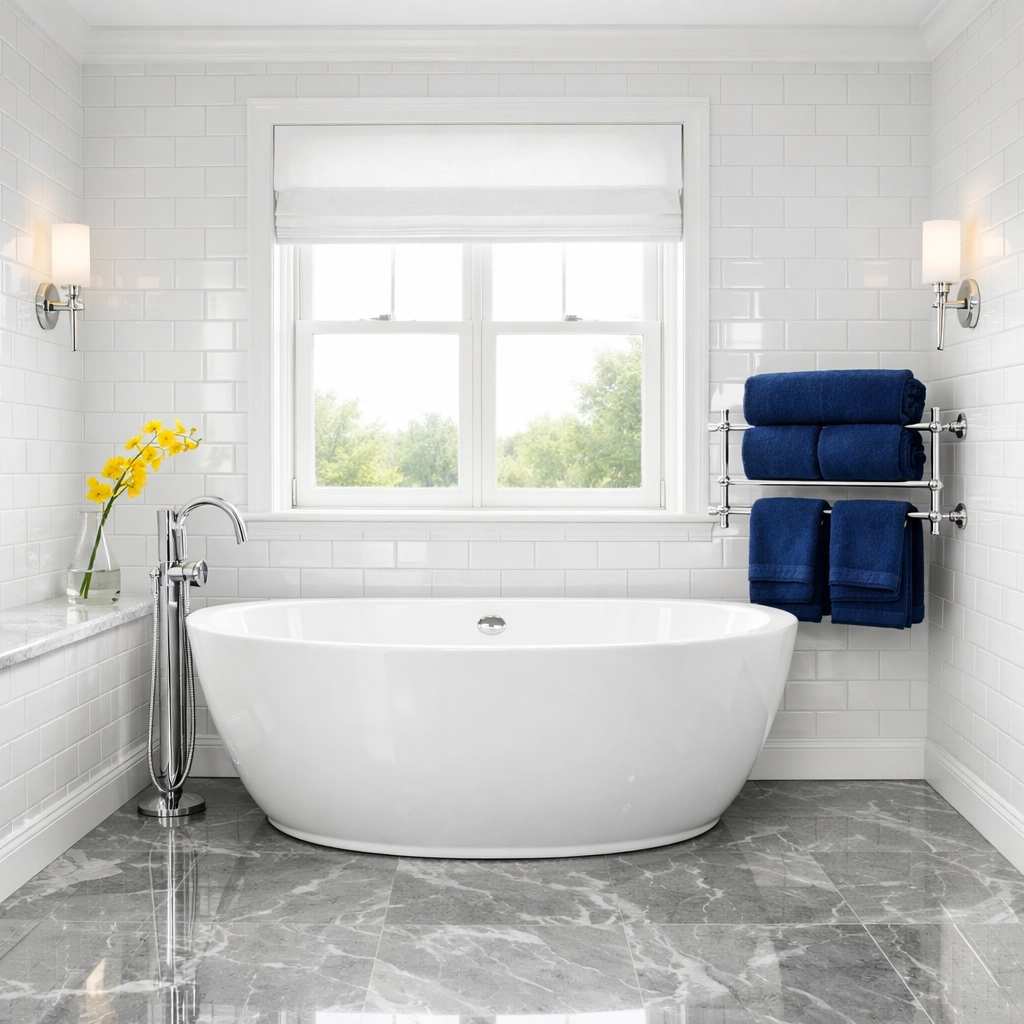 Sparkling luxury bathroom with marble floors cleaned by top-rated residential cleaning services near me.