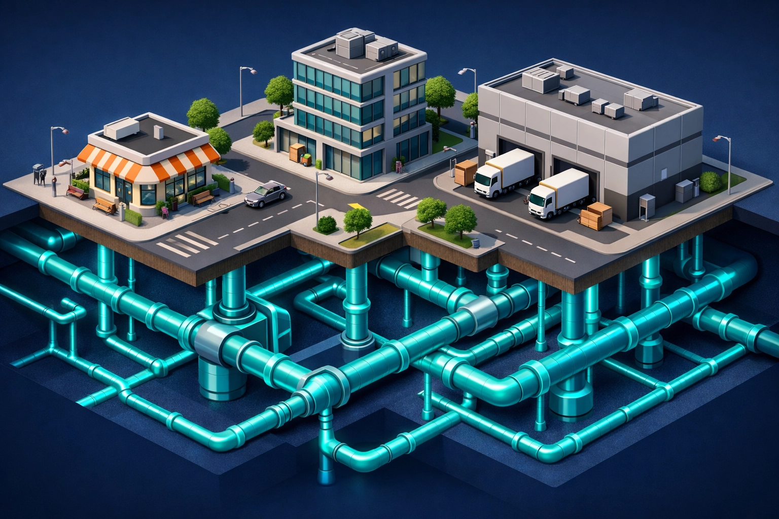 An underground network of pipes connecting a diverse business district with various commercial properties.