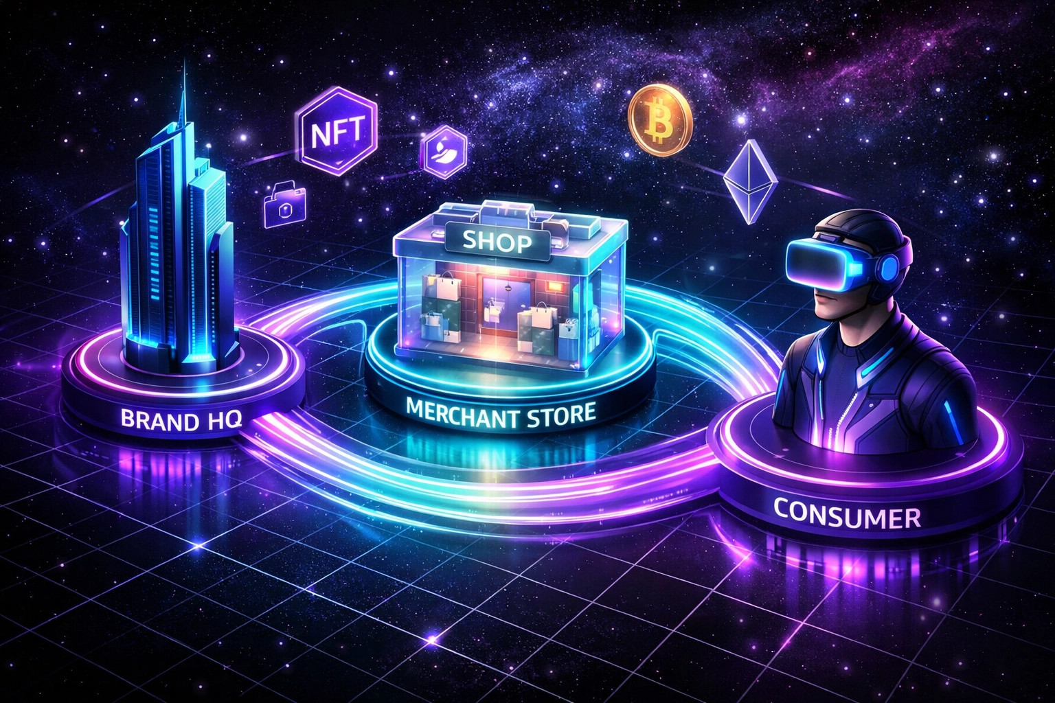 B2B2C metaverse commerce flow connecting brands, merchants, and consumers in VR shopping environments