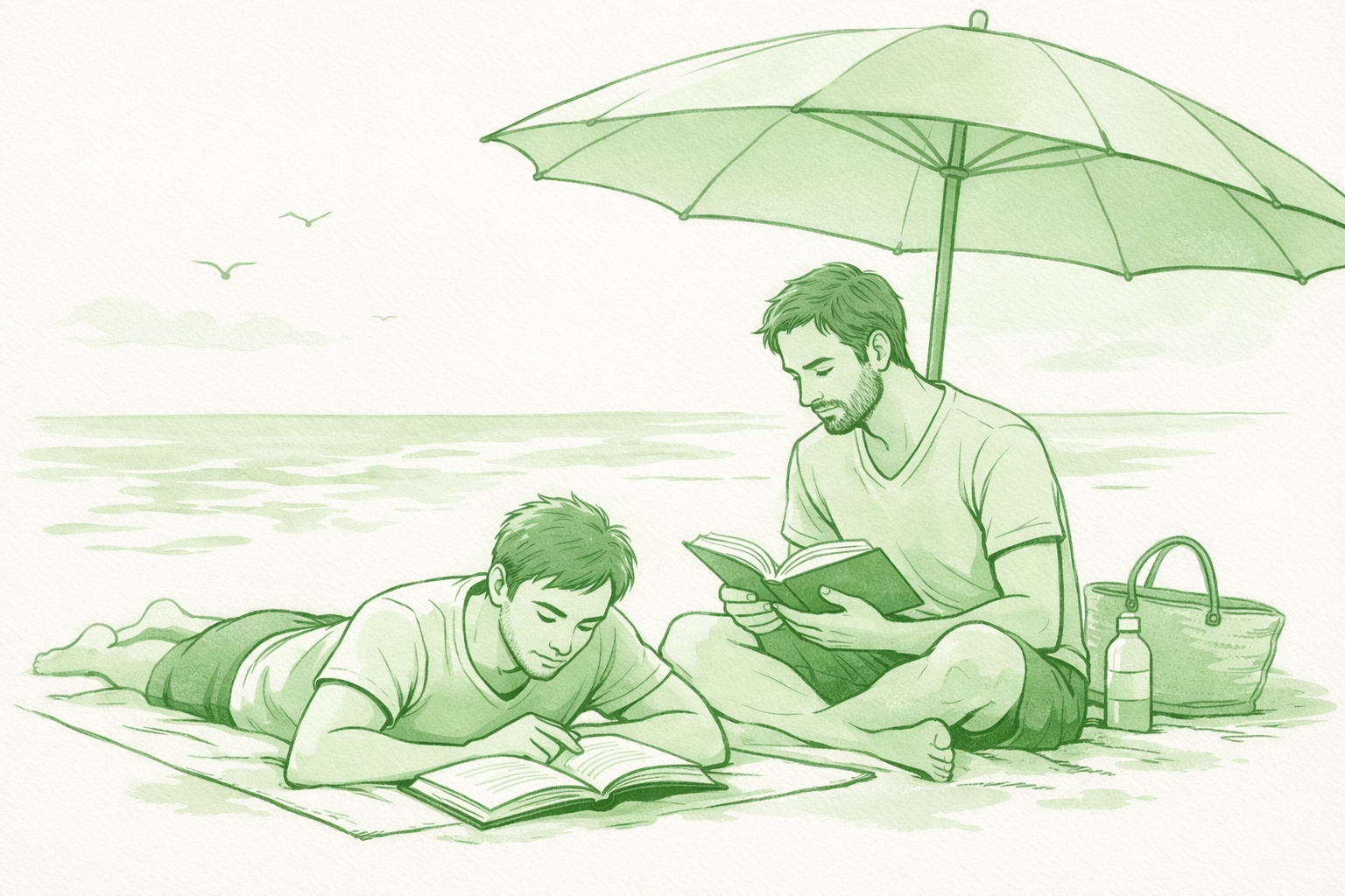 Gay couple reading MM romance books on beach under umbrella - peaceful summer activity