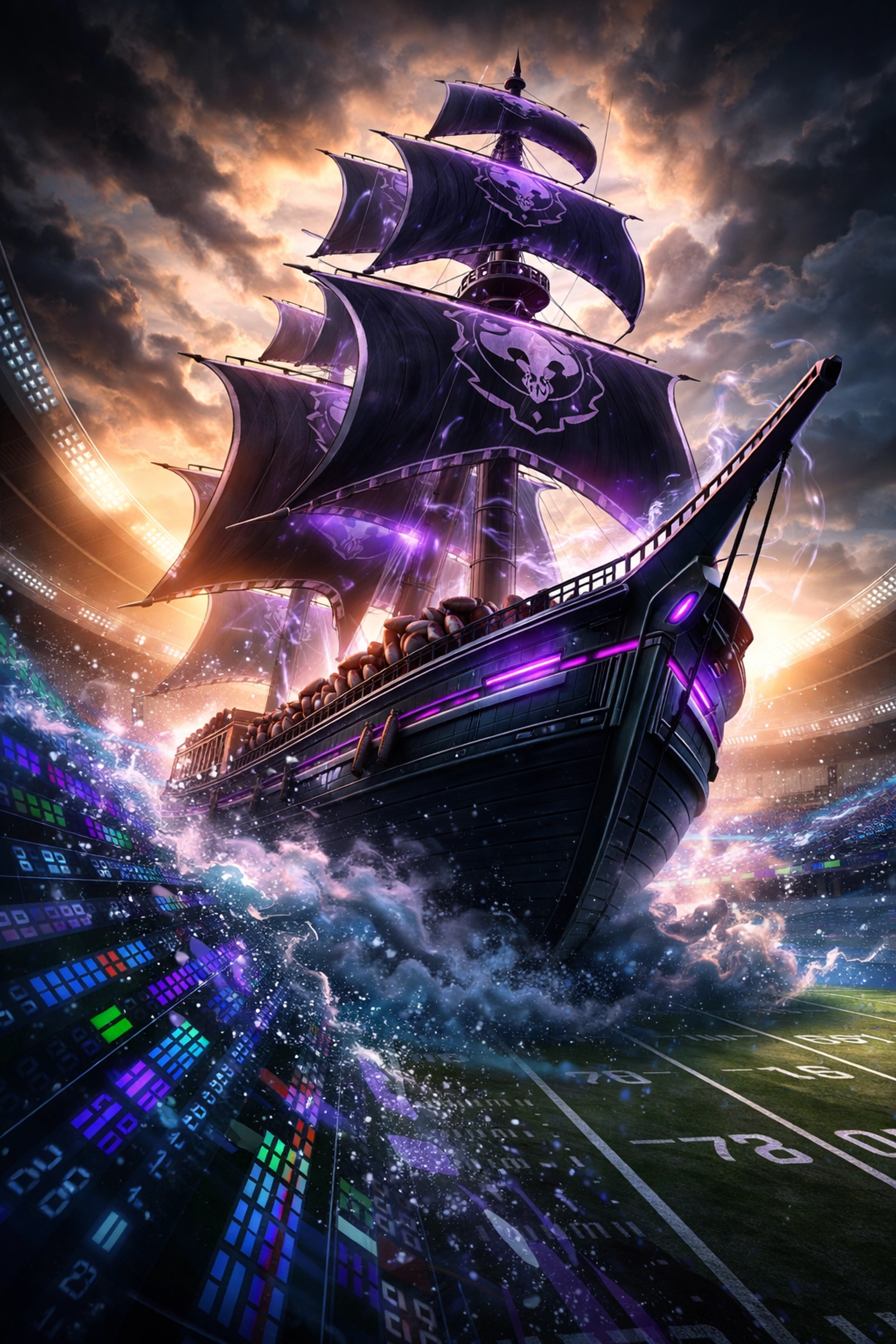 Illustration of a pirate ship loaded with footballs and stock numbers, symbolizing ECU’s 22-player roster overhaul for spring practice