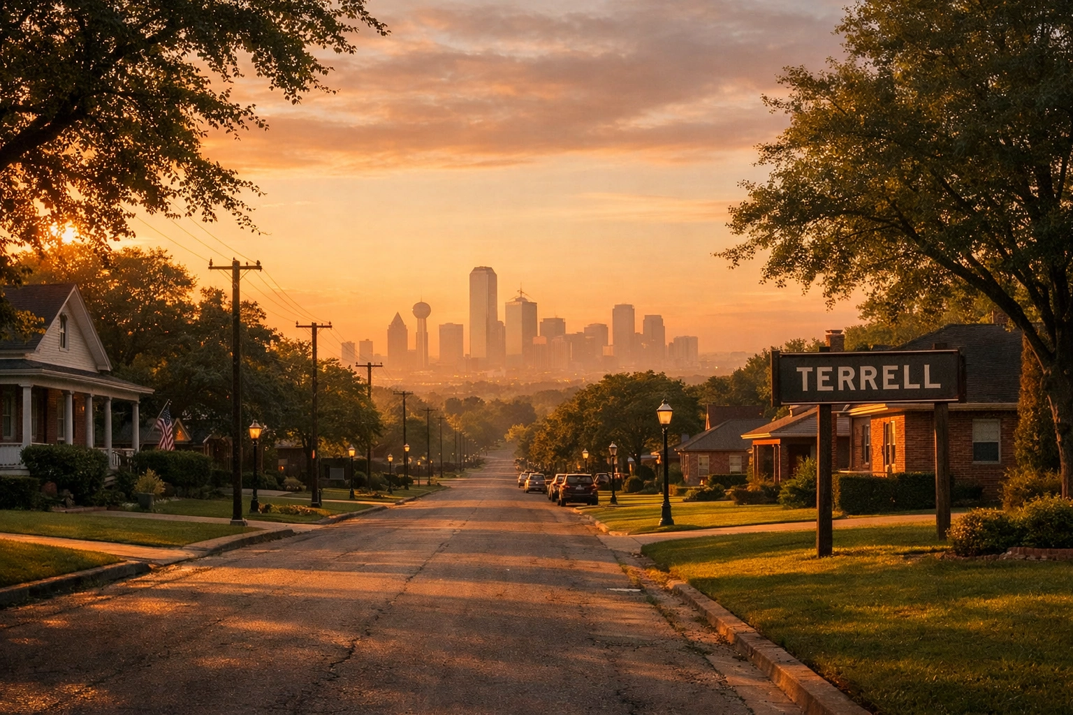Quiet residential street in Terrell with a view of the Dallas skyline in the distance.