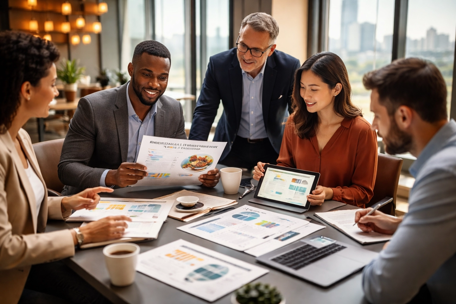 Marketing strategy meeting for food service industry with business professionals collaborating on analytics