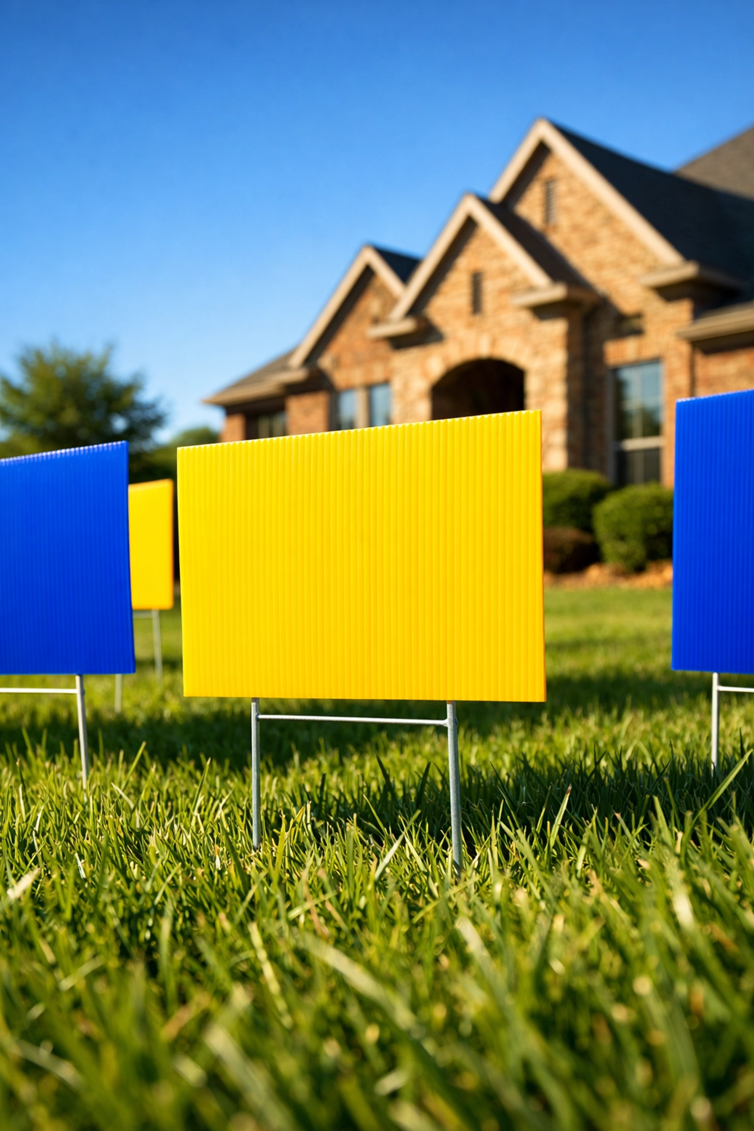 Durable custom yard signs with H-stakes on a green lawn for local business advertising in DFW.