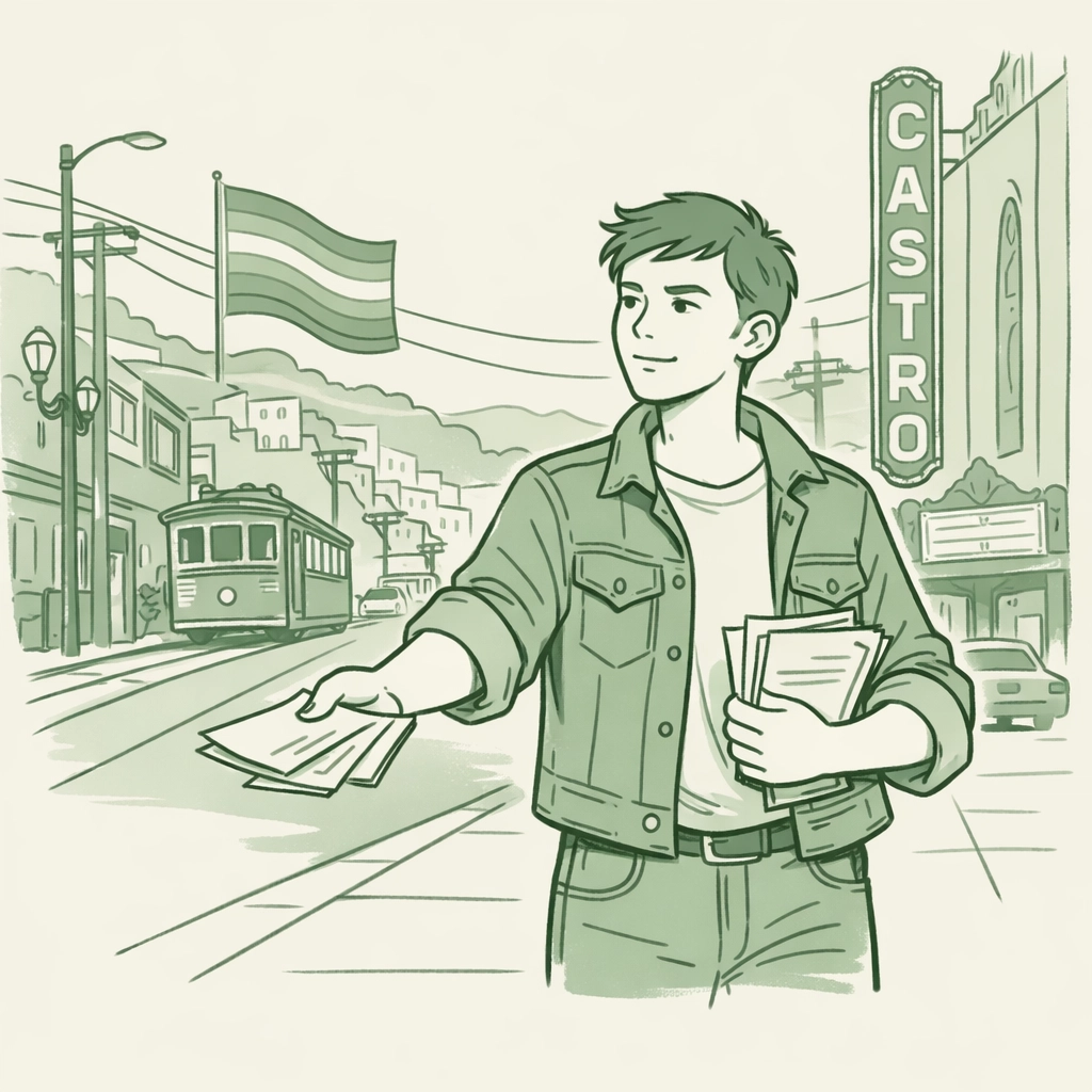 Lou Sullivan distributing advocacy pamphlets in 1980s San Francisco Castro district