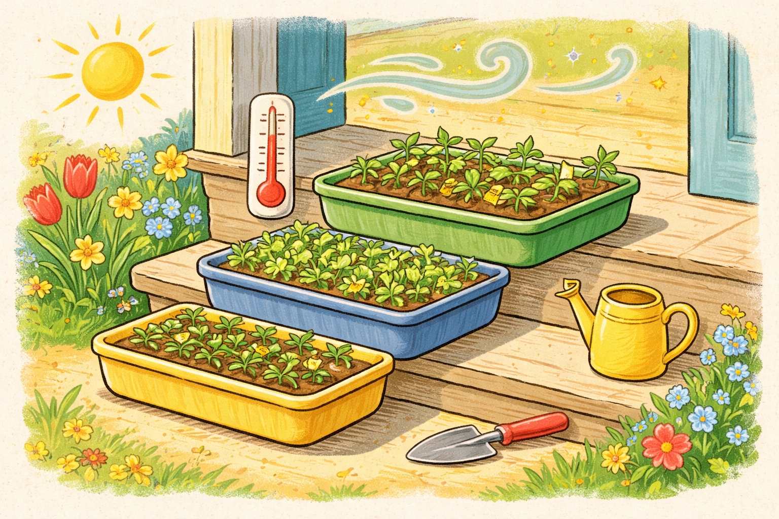 Whimsical storybook illustration of seed trays hardening off on a porch step with sunshine and a gentle breeze