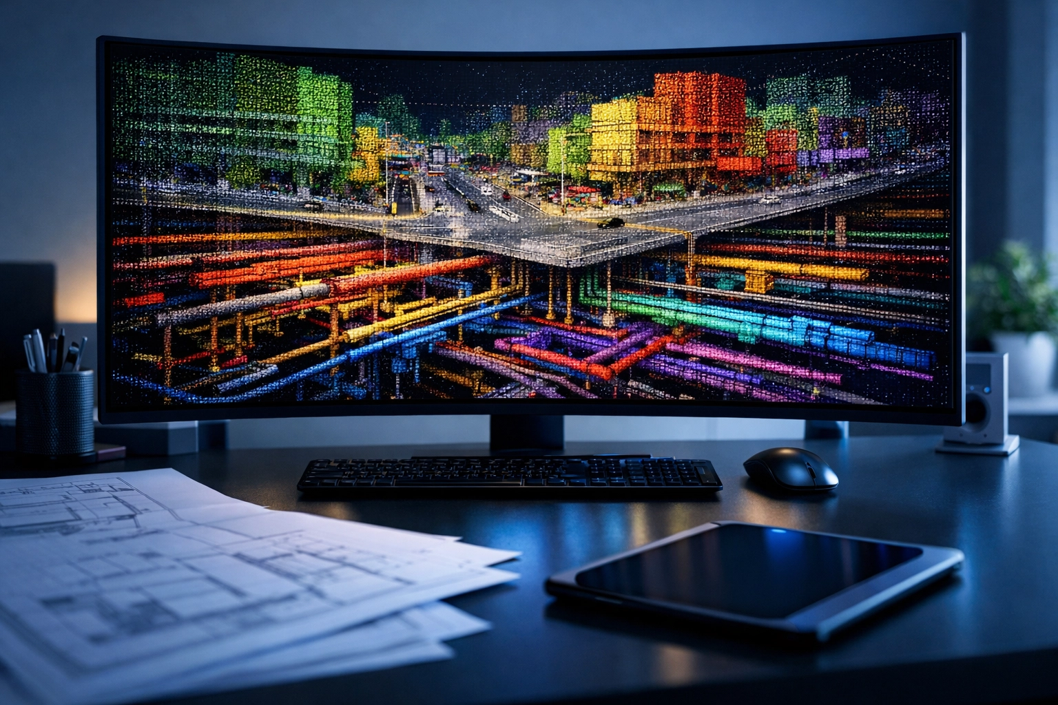 Detailed urban LiDAR point cloud displaying building facades and utilities