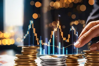 Stacks of coins in the foreground with a digital financial chart overlay, representing restaurant revenue growth and financial optimization.