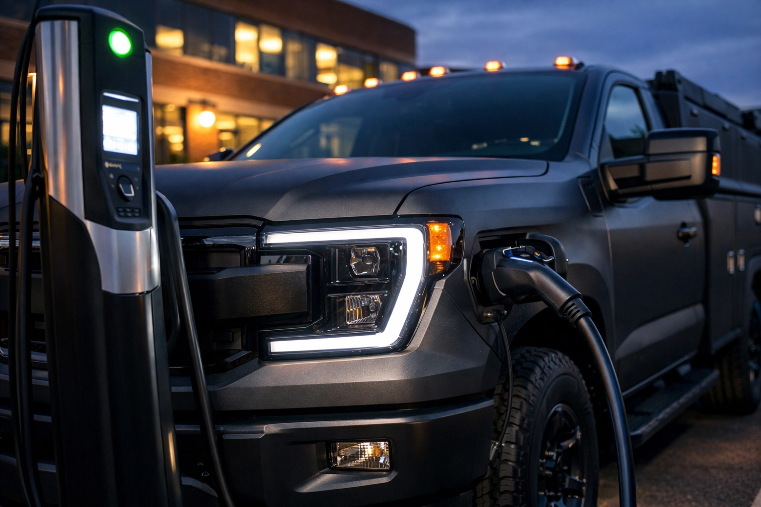 Electric business truck at a West Hartford charging station, highlighting new commercial insurance trends in CT.