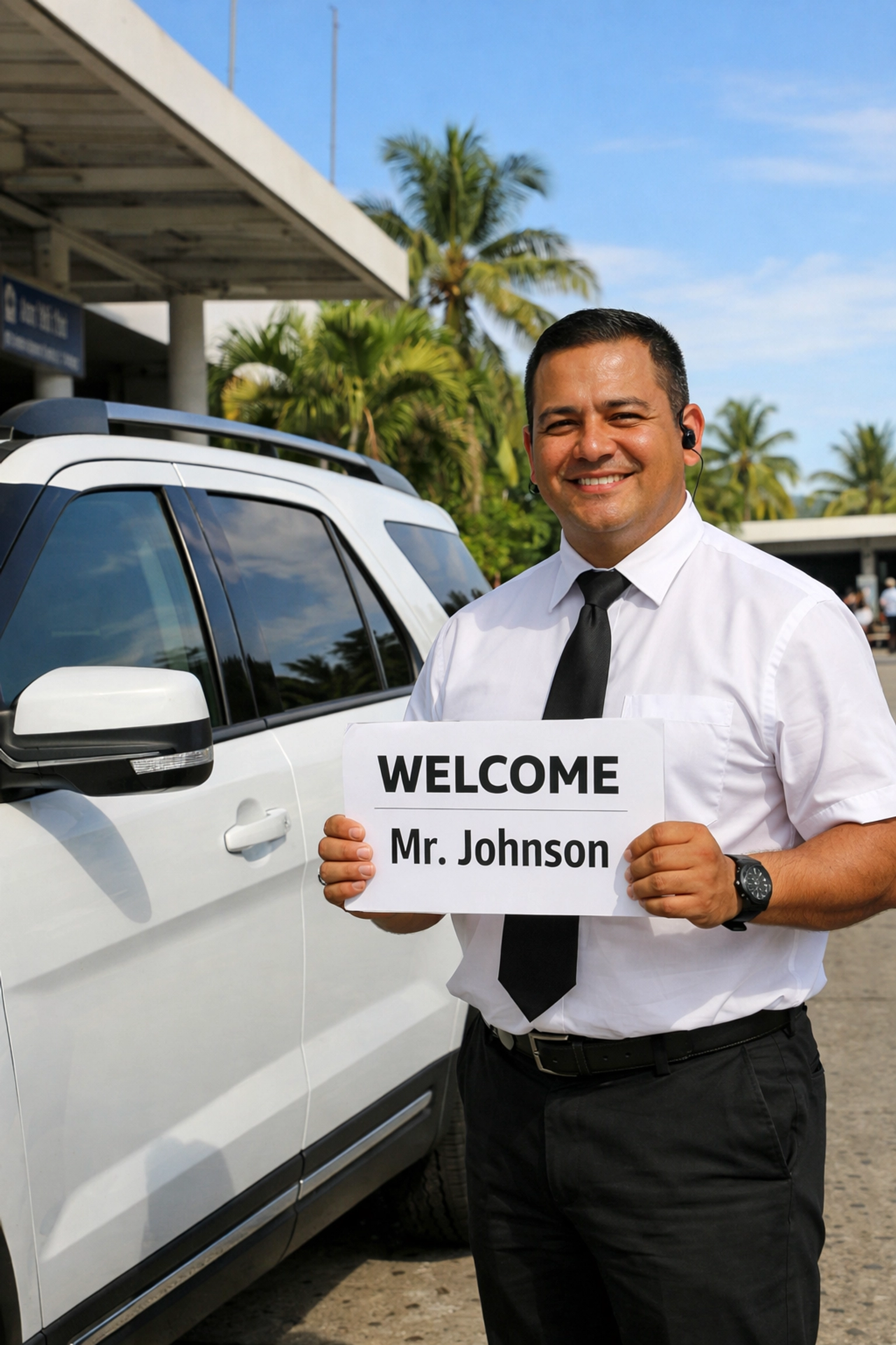 Private transfer driver waiting at Puerto Vallarta Airport with welcome sign