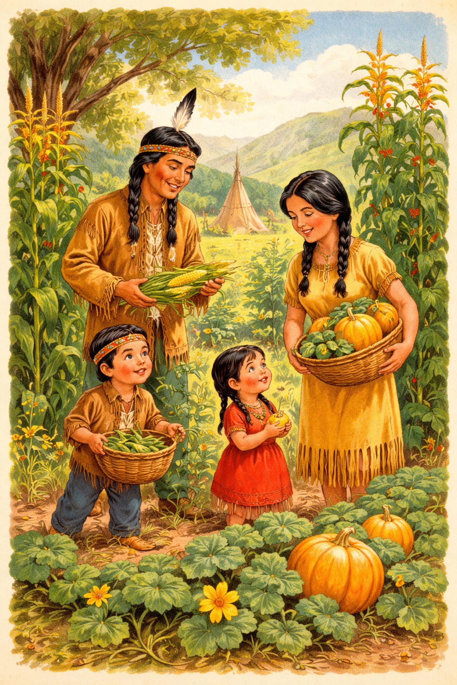 Indigenous family tending a Three Sisters garden with corn, beans, and squash in a sunny, lush setting
