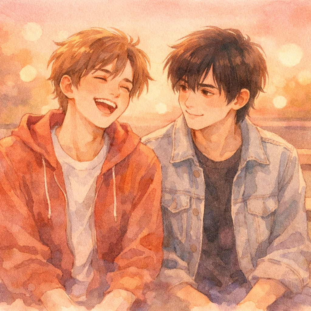 Best friends sitting close on school bleachers representing secret gay crush