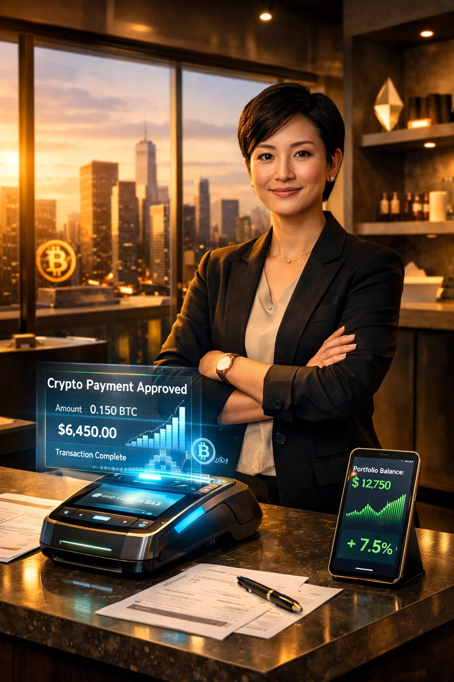 Confident merchant with crypto payment terminal showing transaction data and business growth