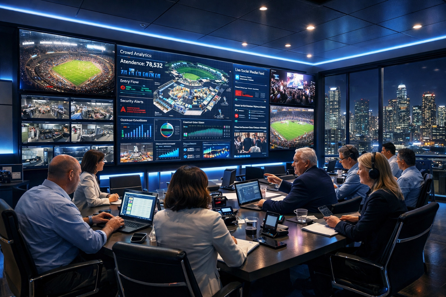 Corporate command center with executives coordinating Super Bowl event logistics