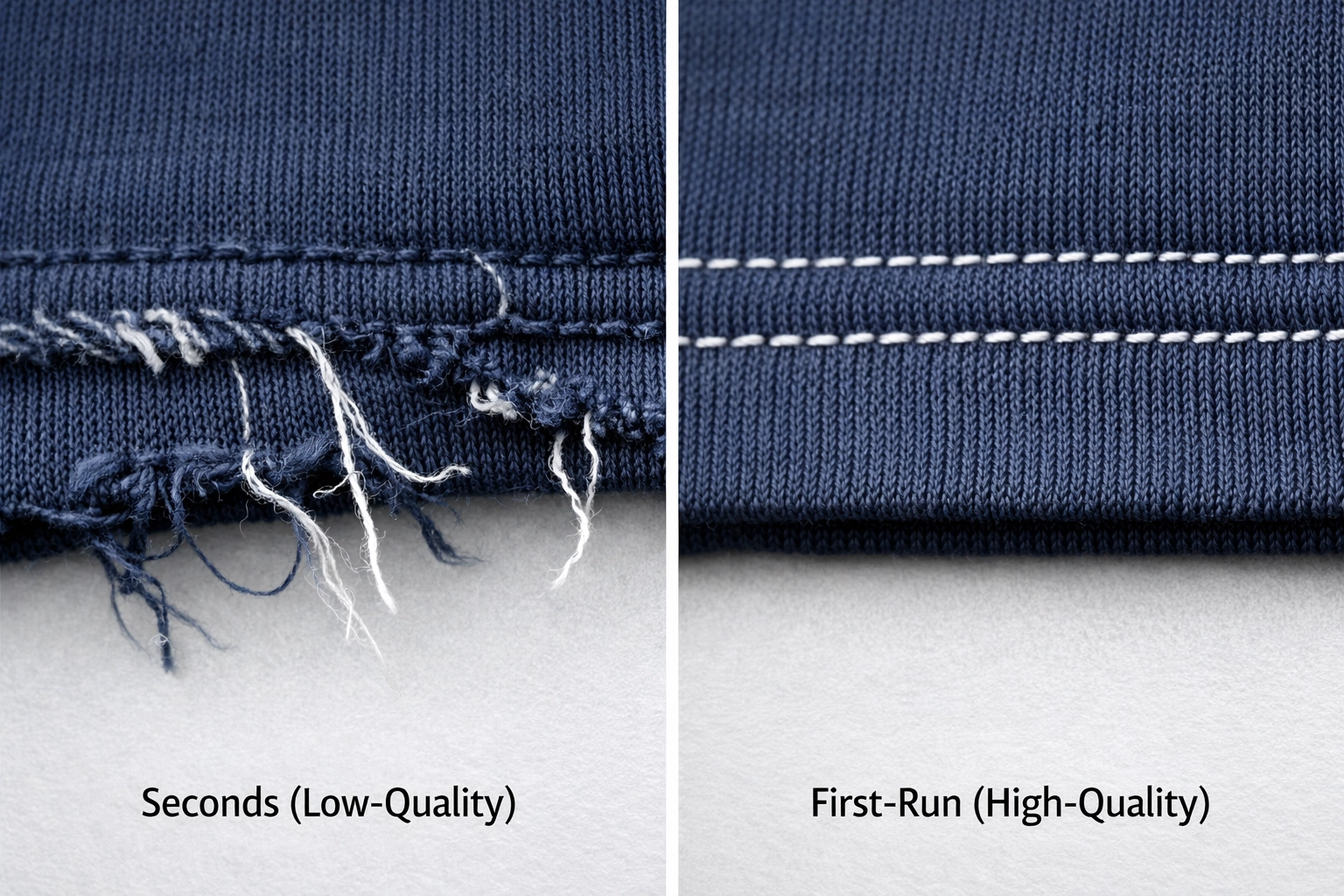 Comparison of poor factory seconds stitching versus premium high-quality garment seams.