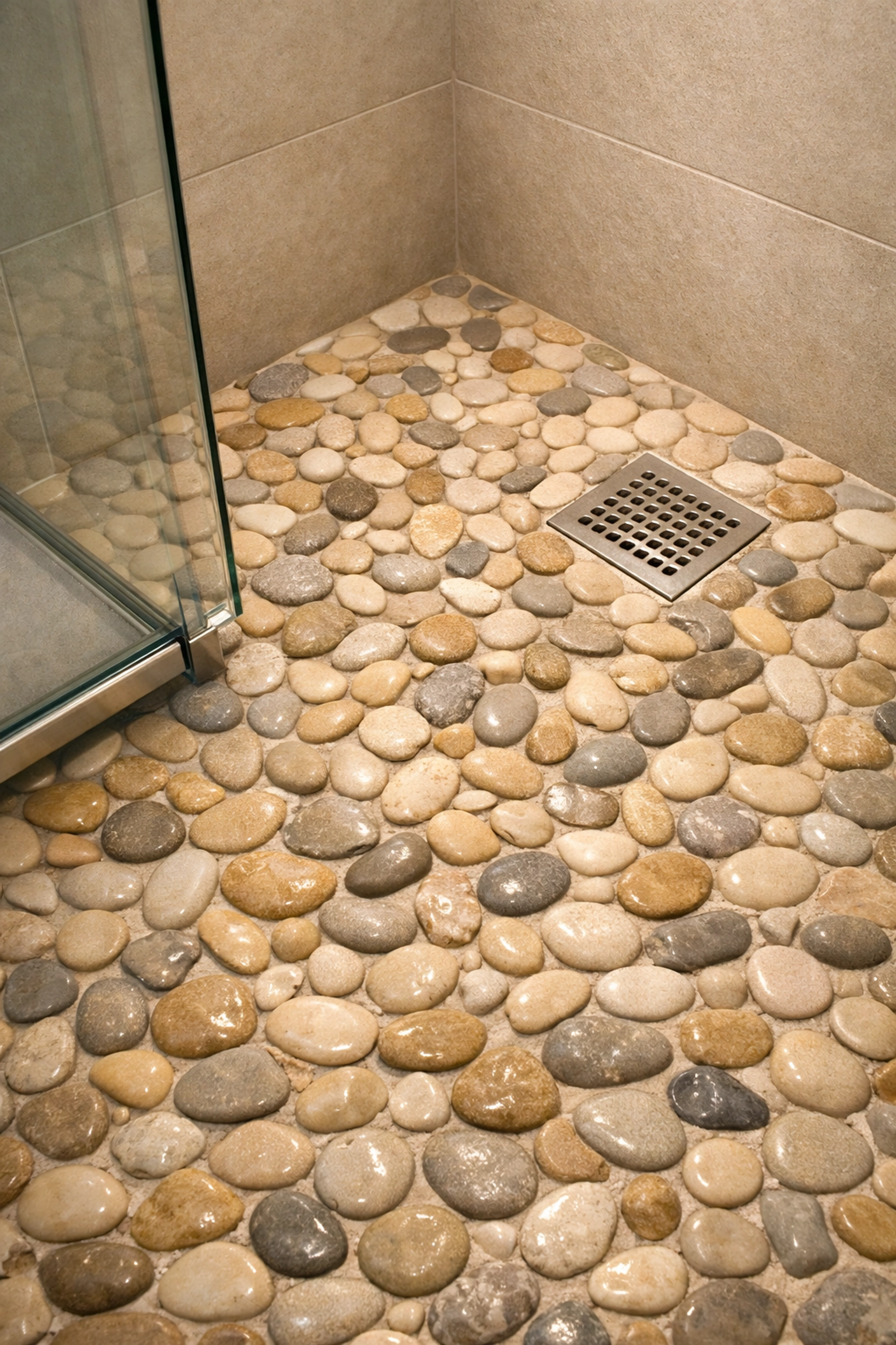Natural river pebble tile installation on a shower floor, creating a spa-like atmosphere in an Orlando home.