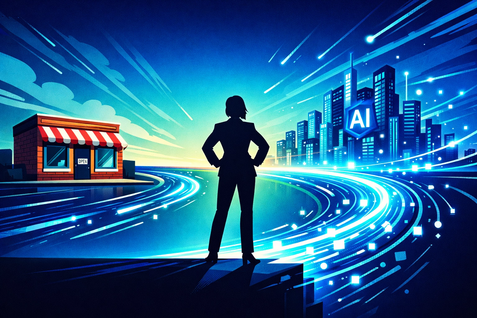 Illustration of a business owner bridging a traditional storefront to an AI-ready digital future