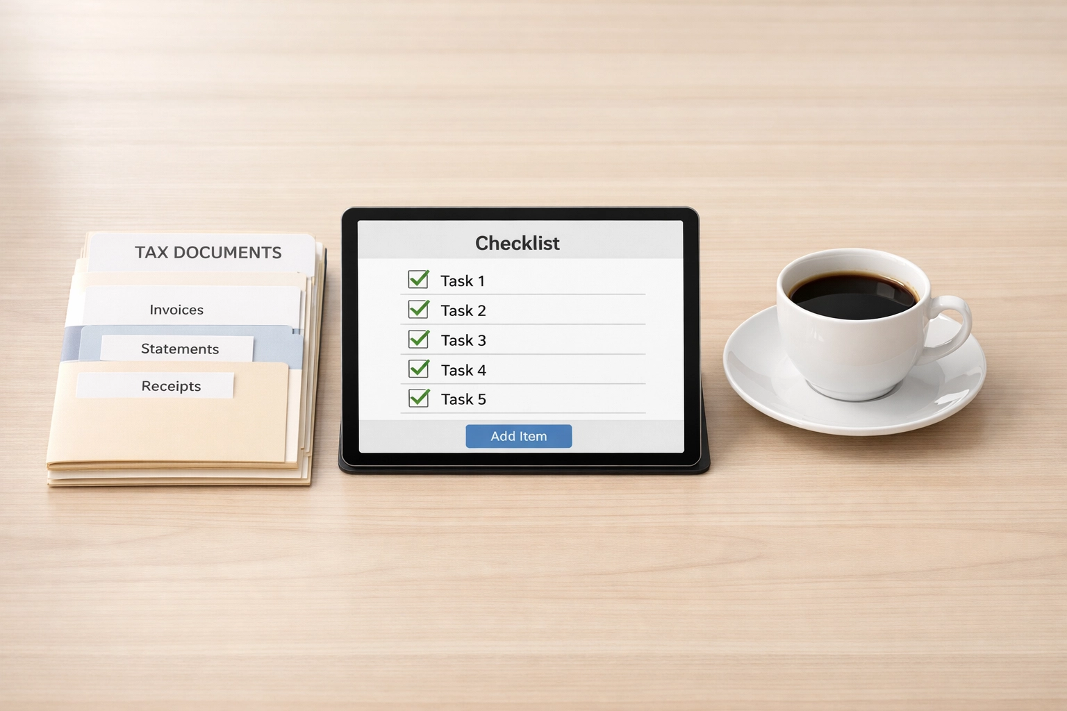 Digital checklist and organized tax documents demonstrating standardized client intake system
