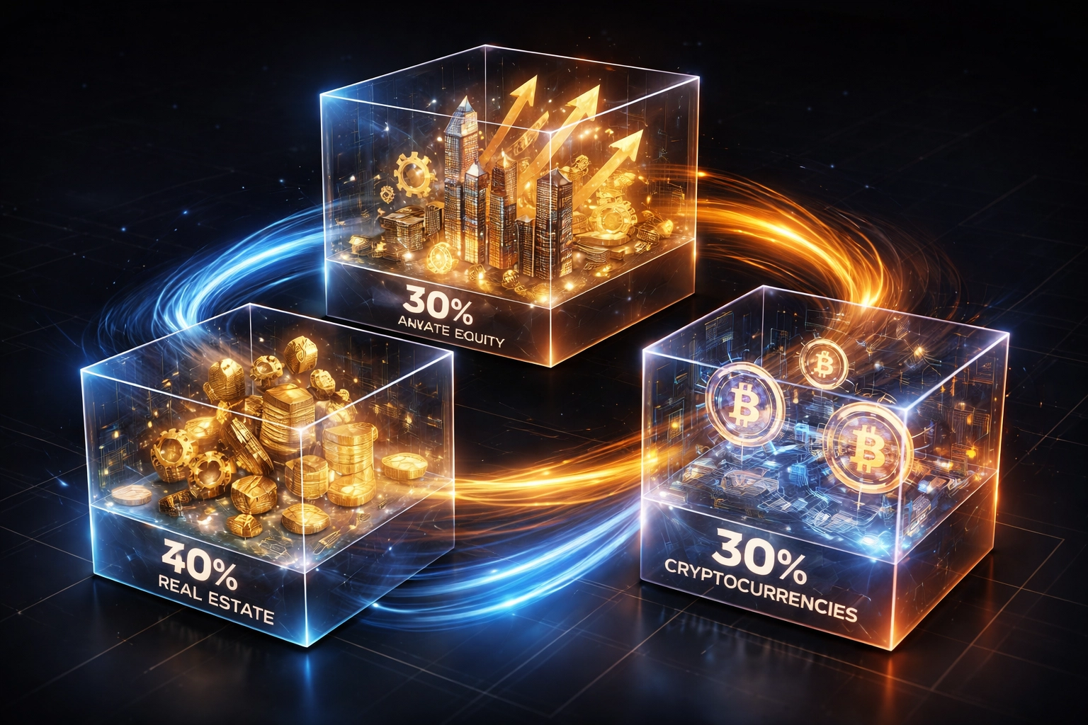 Visual breakdown of a 40/30/30 investment portfolio allocation in real estate, private equity, and crypto assets.