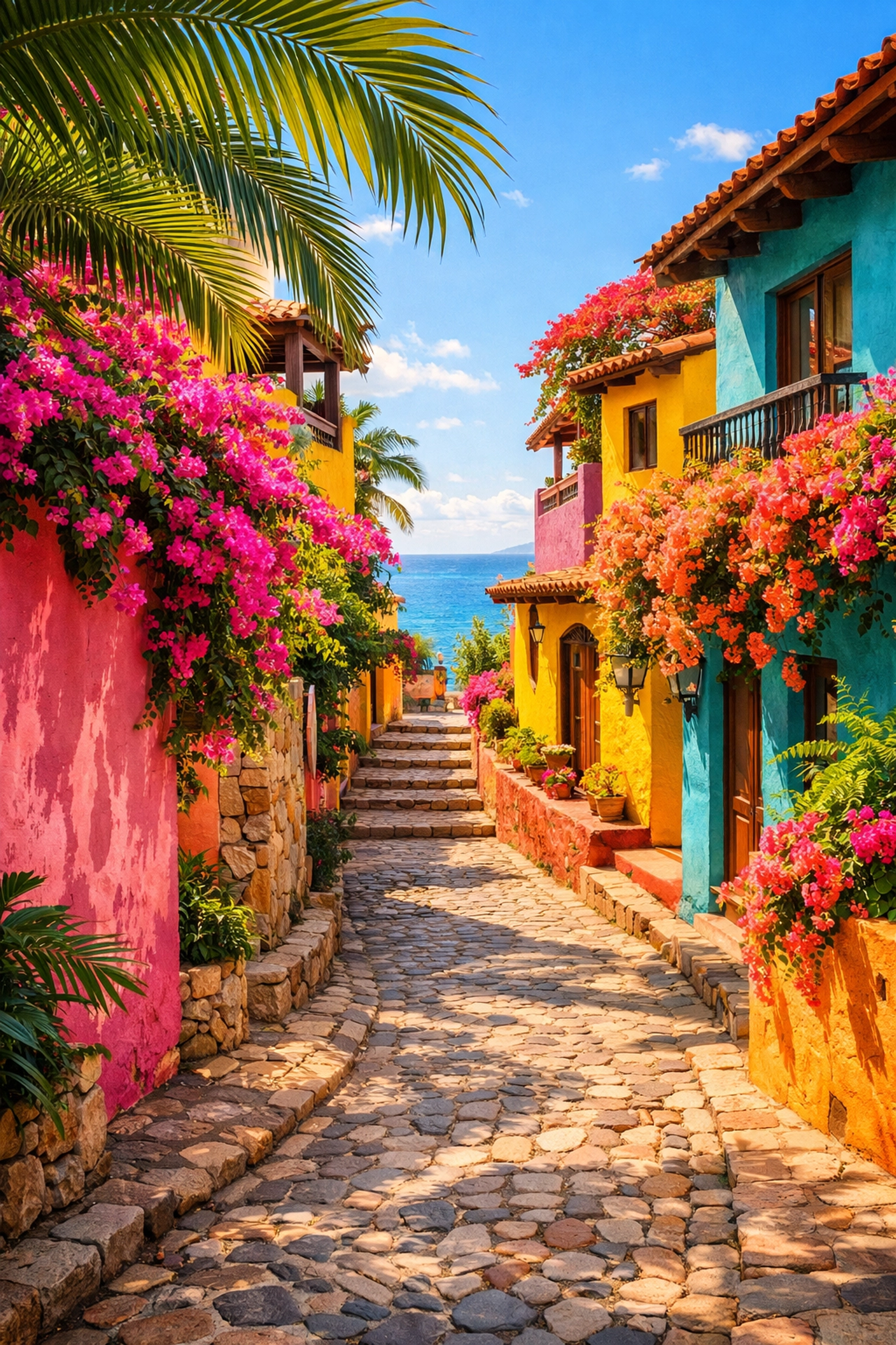 Colorful cobblestone streets and traditional architecture in Amapas neighborhood Puerto Vallarta