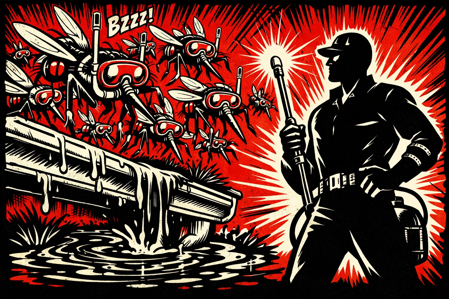 Technician treating gutters for mosquito control during spring cleaning in Jasper, Alabama.