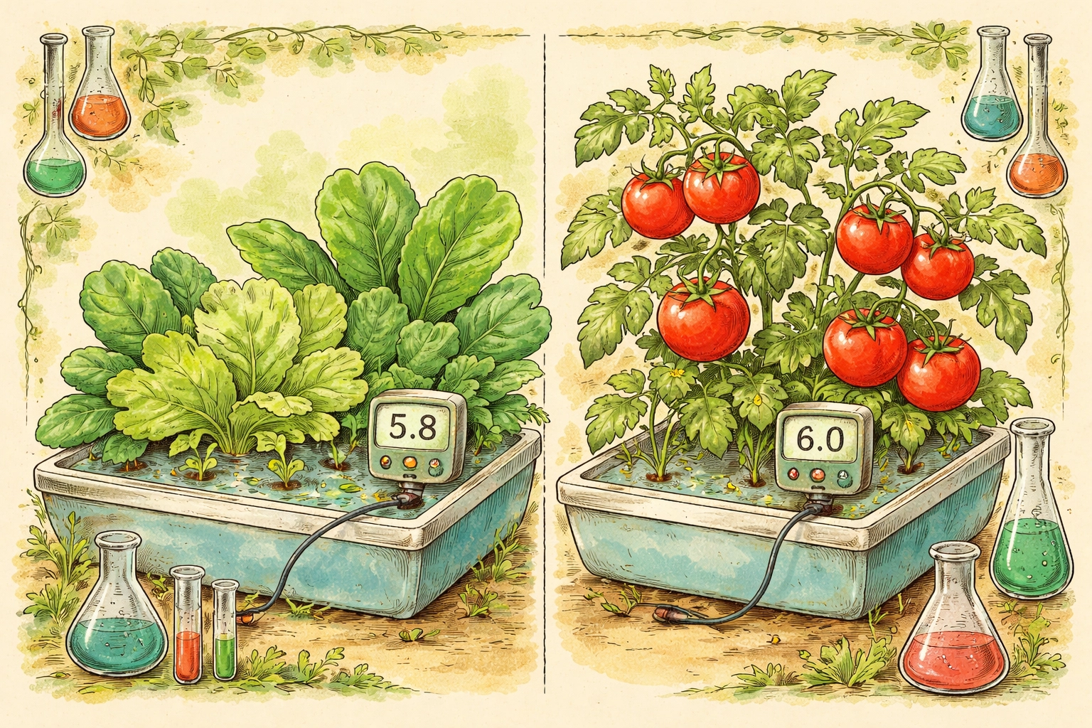 Charming vintage garden split-scene showing hydroponic lettuce thriving at pH 5.8 and tomatoes at pH 6.0, highlighting best pH ranges for crops