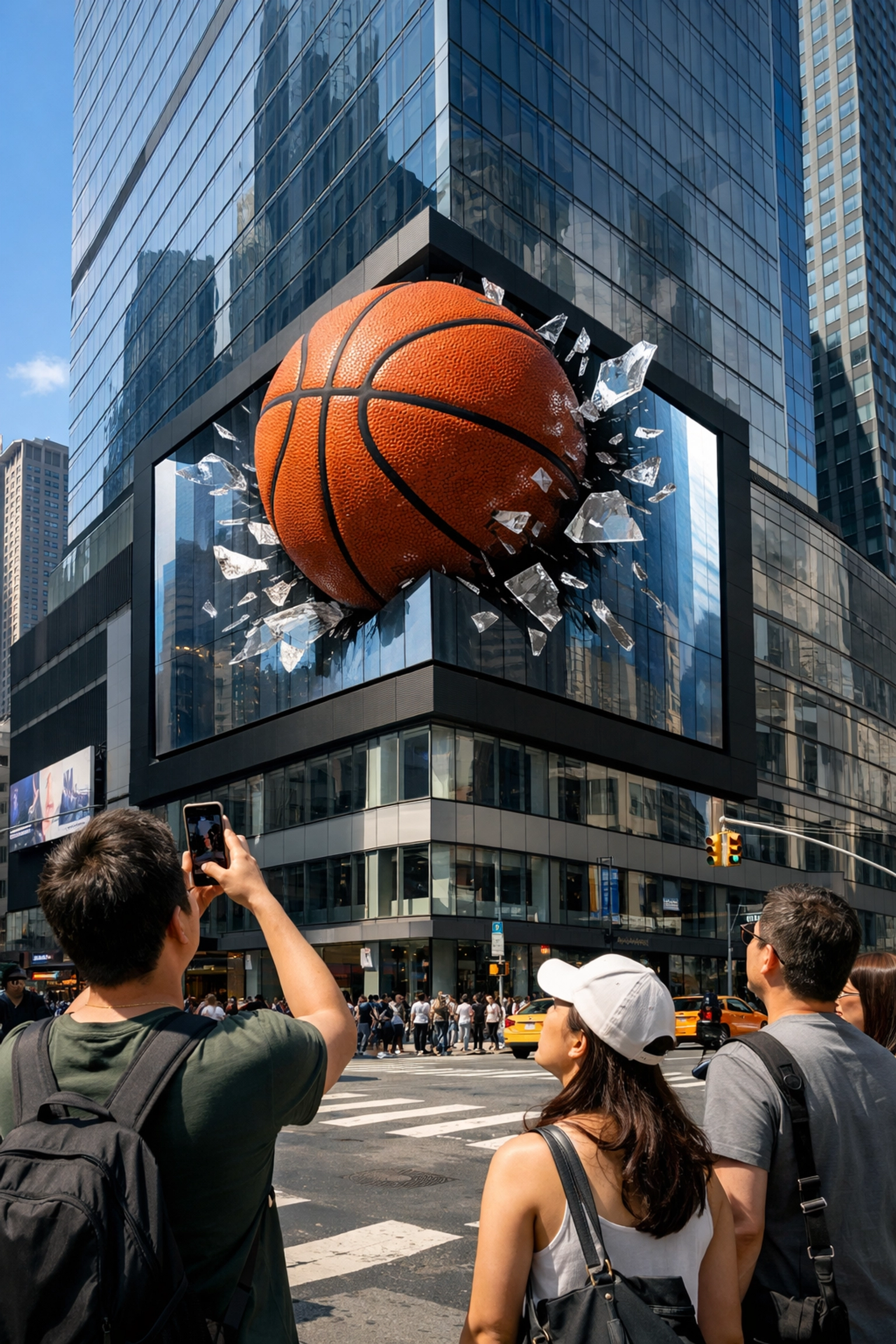 Advanced 3D anamorphic digital billboard showing immersive sports content on a city building.
