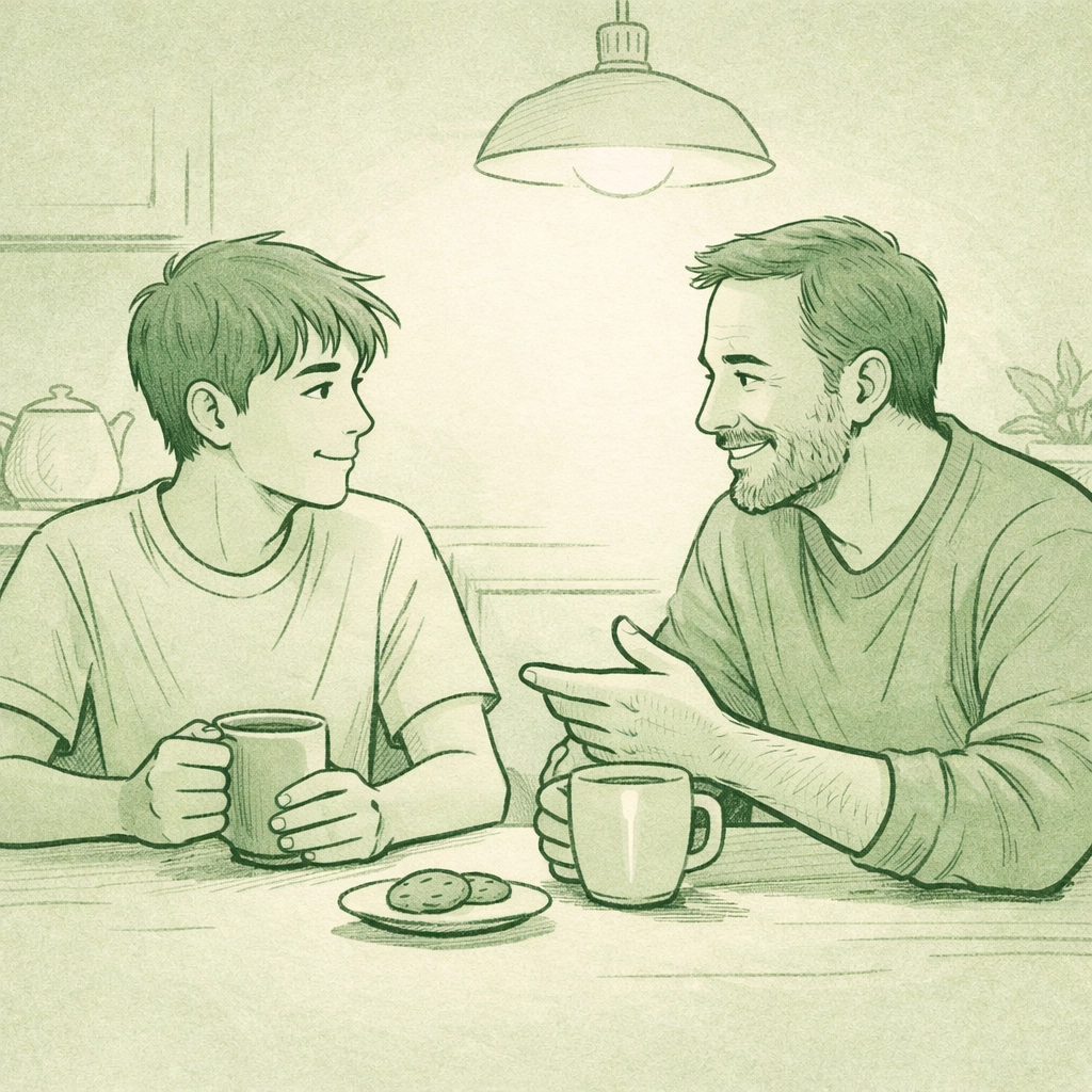 Gay mentorship scene with older and younger man having meaningful conversation over coffee