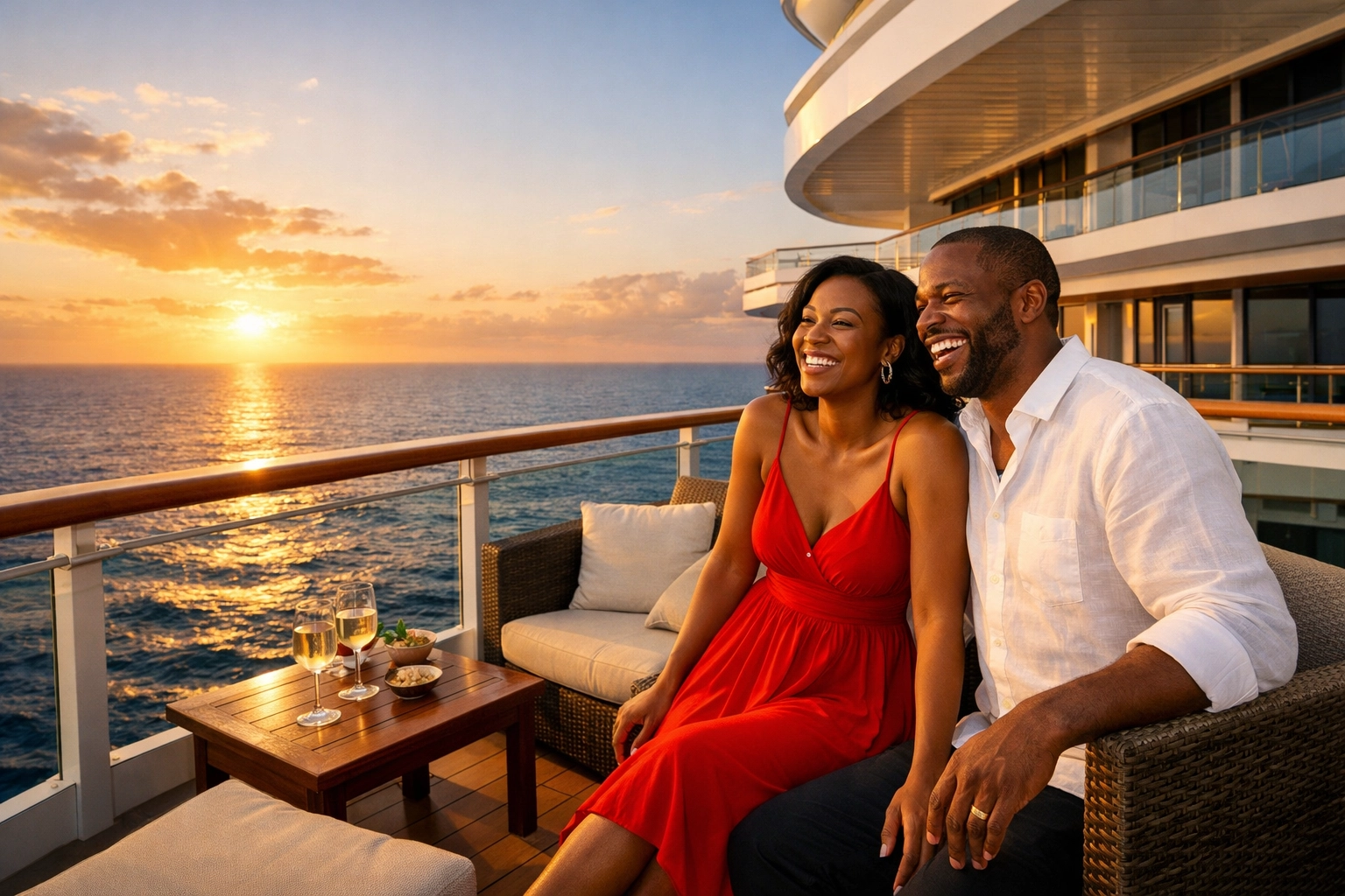 Couple relaxing on a Virgin Voyages balcony booked by an adults only travel agent in Omaha.